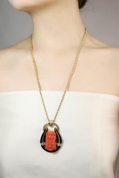 Vintage Italy 18K Gold Buddha Coral Diamond Pendant Necklace