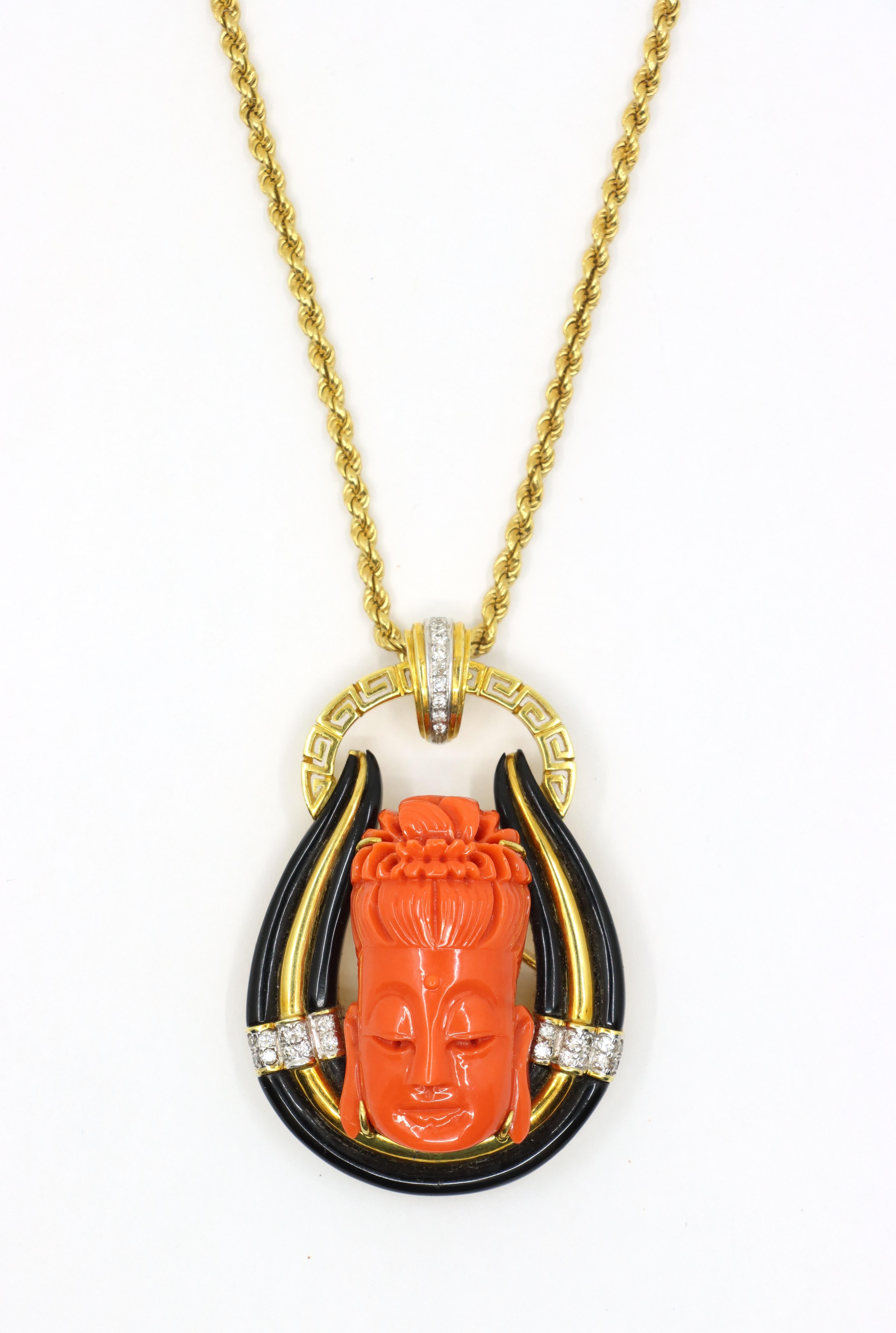 Uncut Vintage Italy 18K Gold Buddha Coral Diamond Pendant Necklace For Sale