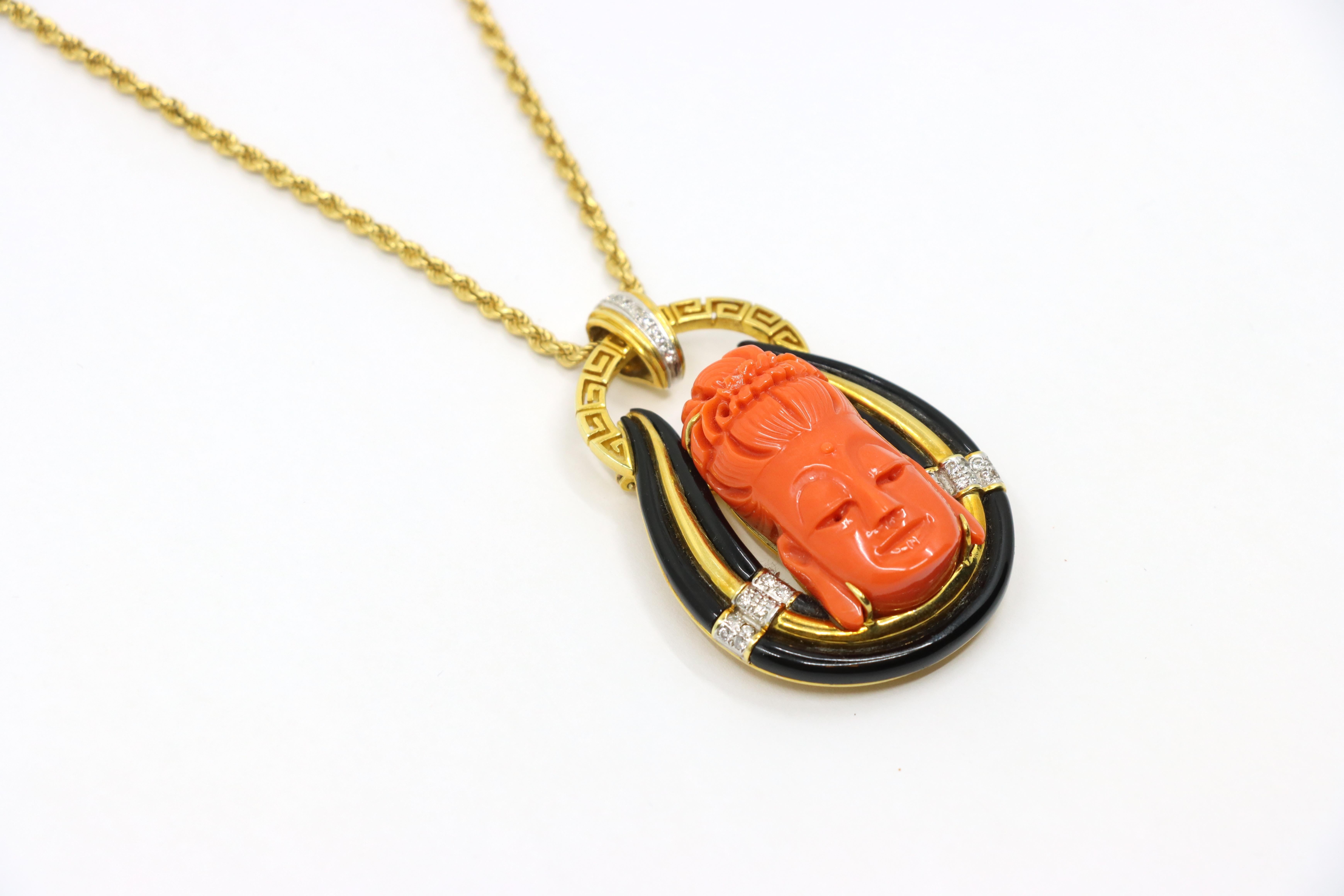Vintage Italy 18K Gold Buddha Coral Diamond Pendant Necklace In Good Condition For Sale In Flushing, NY
