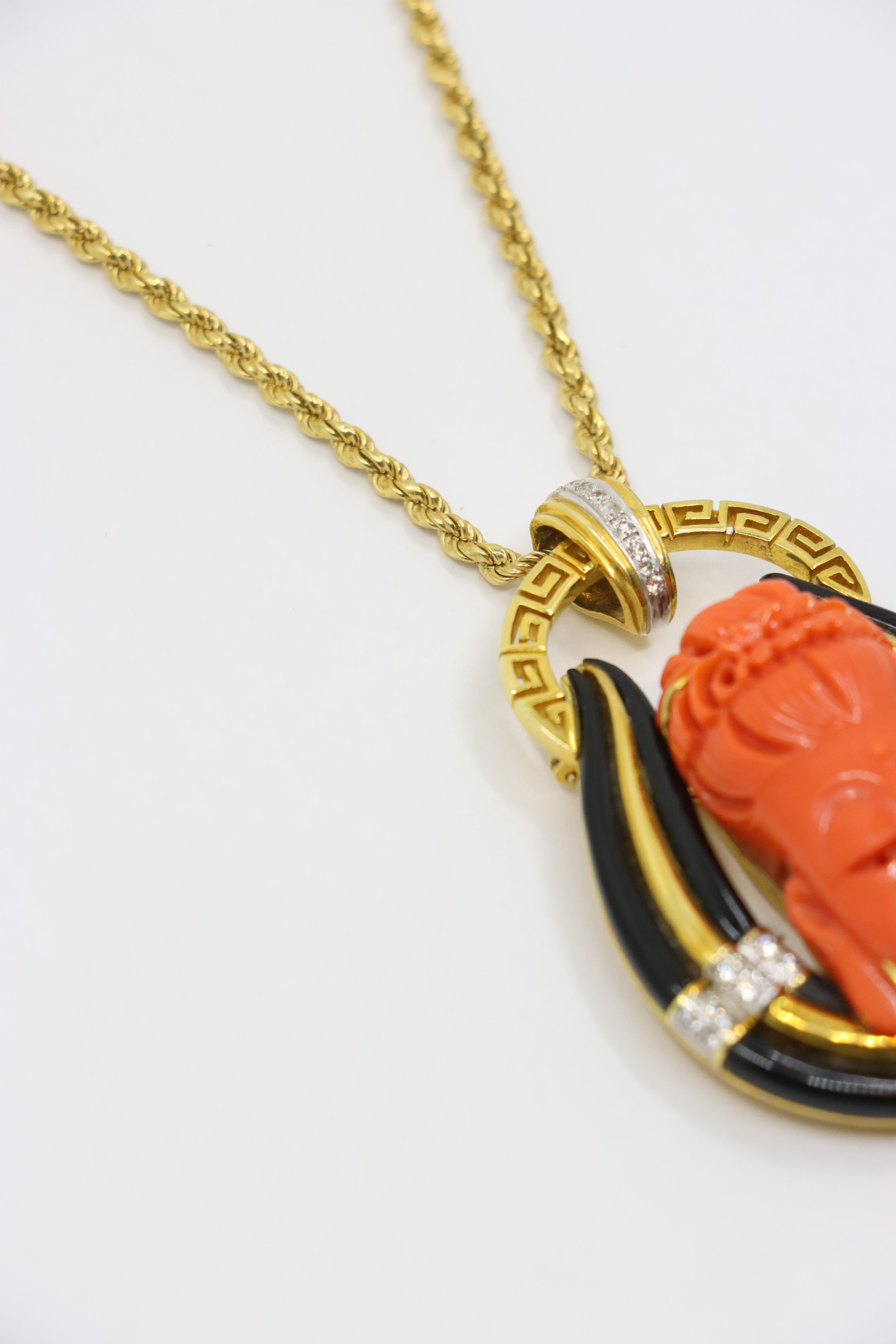 Women's or Men's Vintage Italy 18K Gold Buddha Coral Diamond Pendant Necklace For Sale