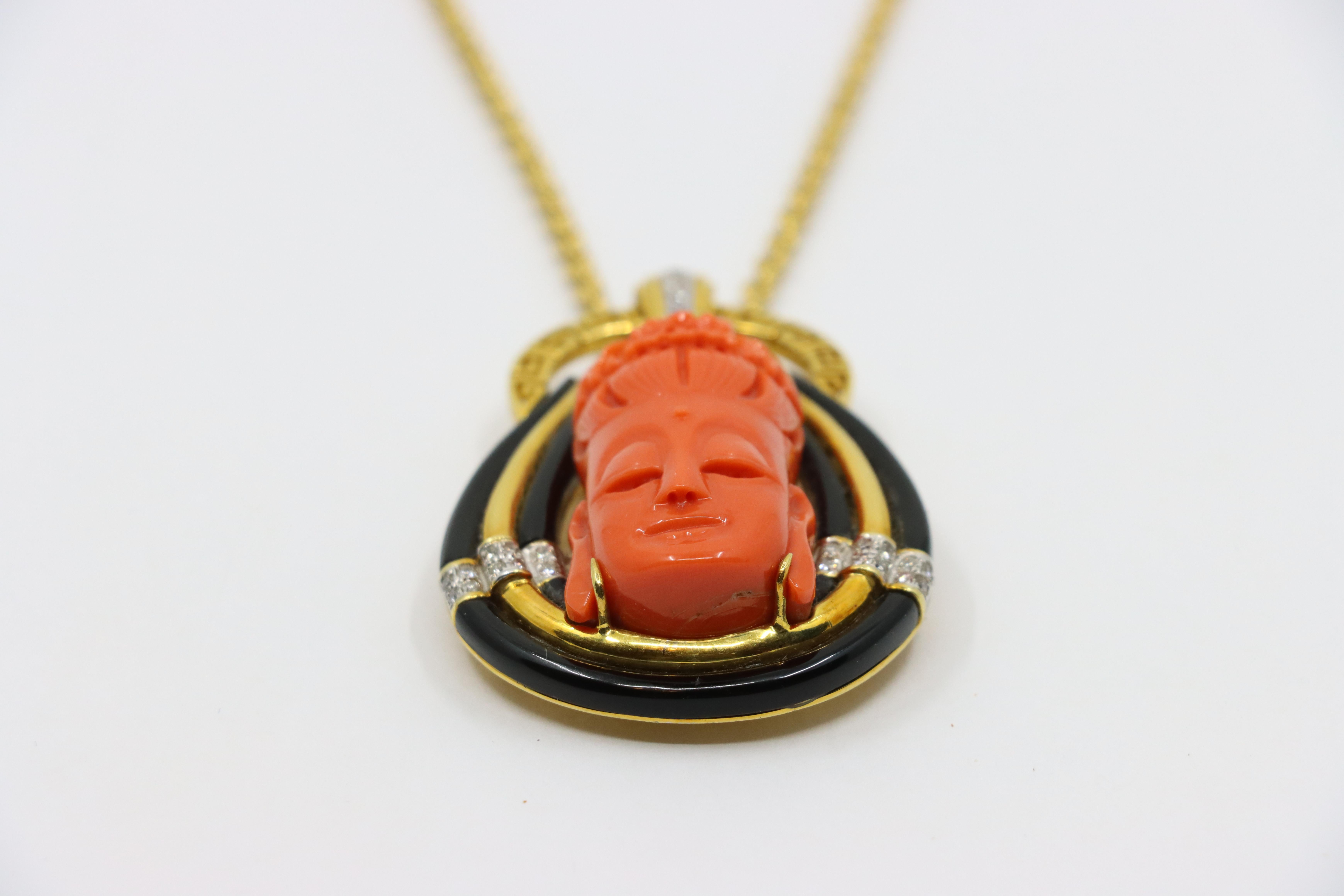 Vintage Italy 18K Gold Buddha Coral Diamond Pendant Necklace For Sale 1