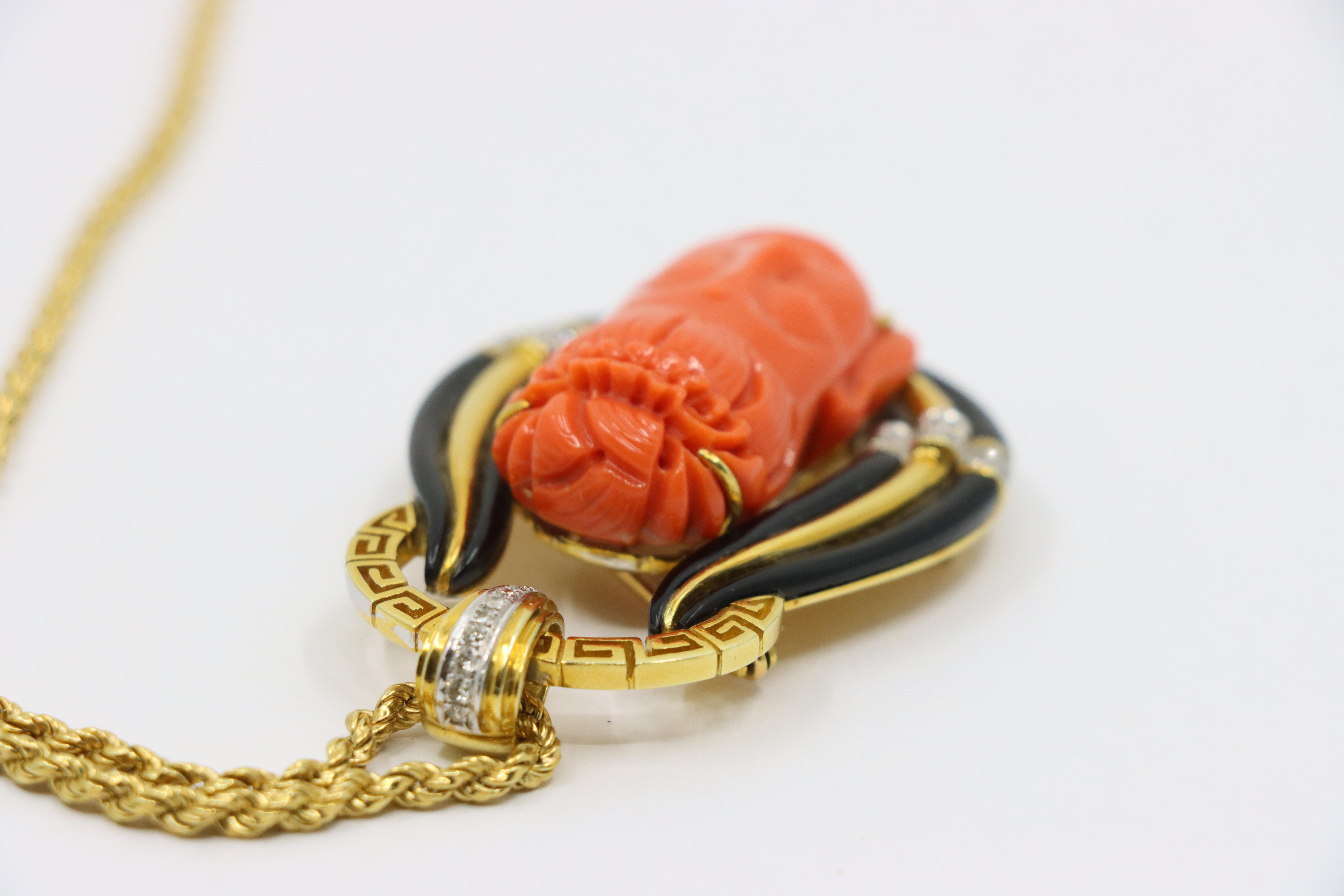 Vintage Italy 18K Gold Buddha Coral Diamond Pendant Necklace For Sale 2