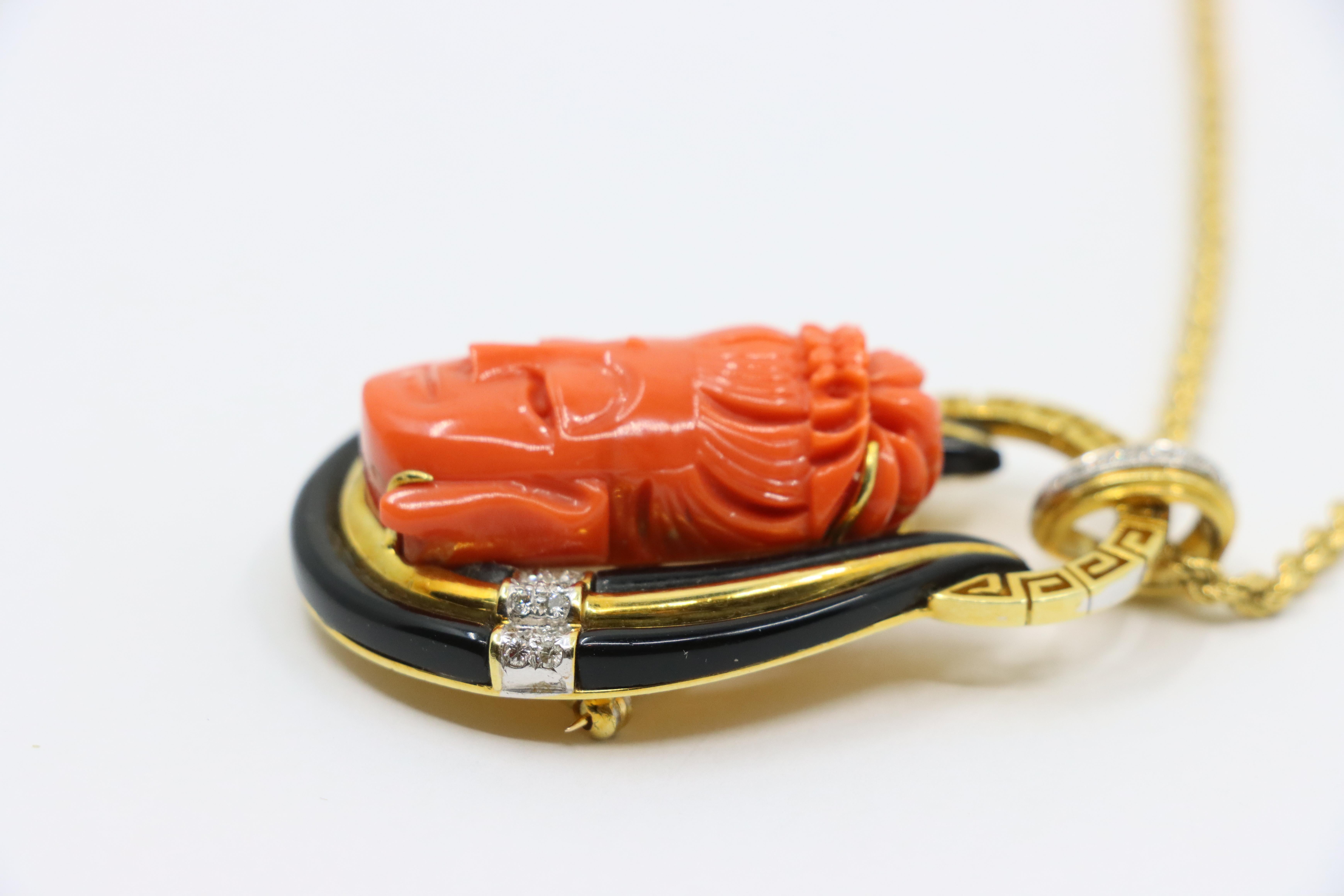 Vintage Italy 18K Gold Buddha Coral Diamond Pendant Necklace For Sale 3