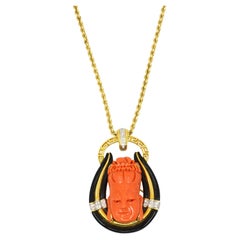 Vintage Italy 18K Gold Buddha Coral Diamond Pendant Necklace