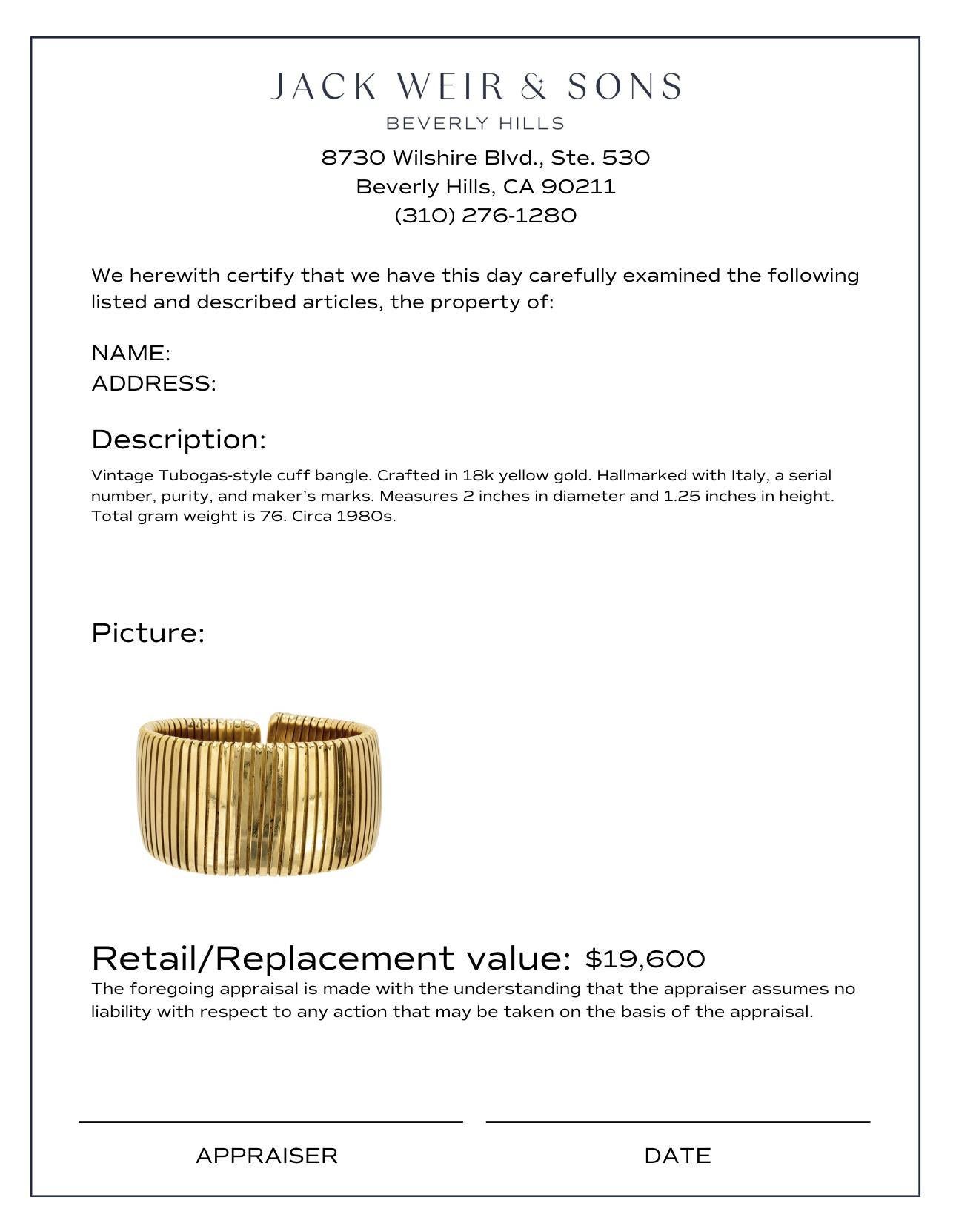 Women's or Men's Vintage Italy 18k yellow gold Tubogas style cuff bangle