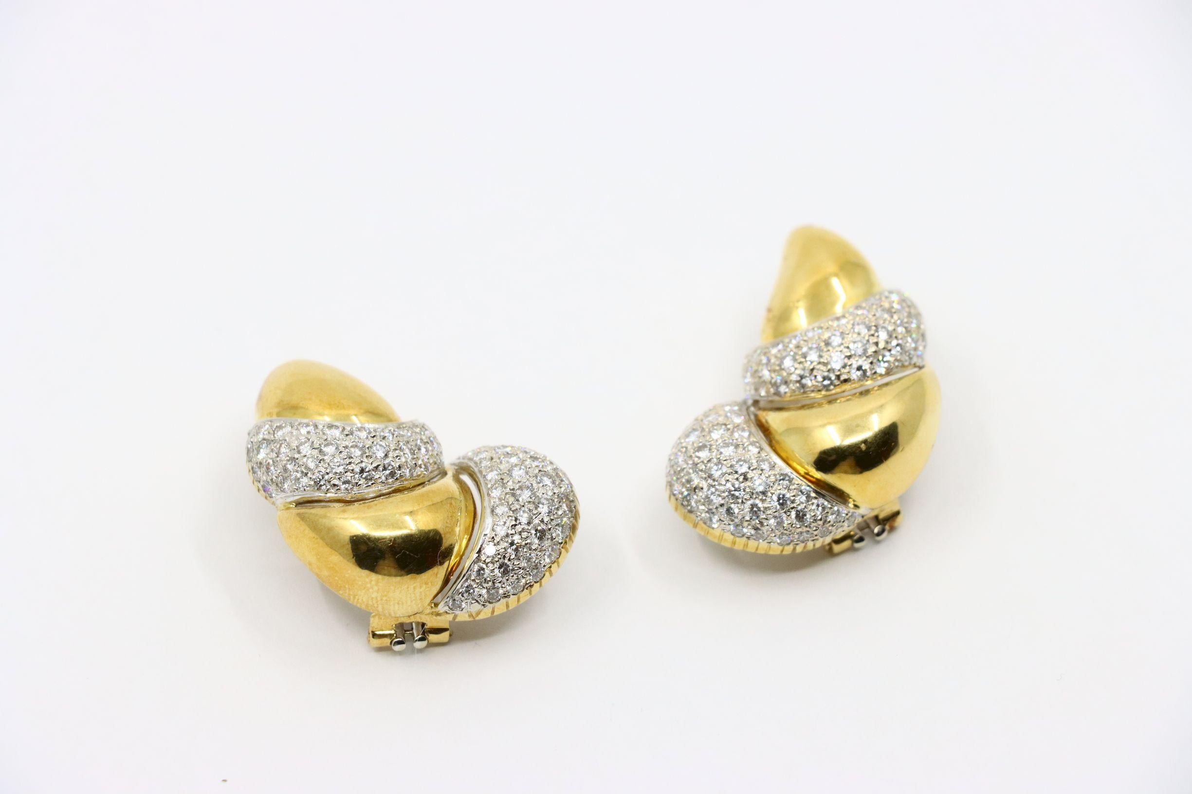 Round Cut Vintage Italy 18K Yellow & White Gold Diamond Earrings For Sale