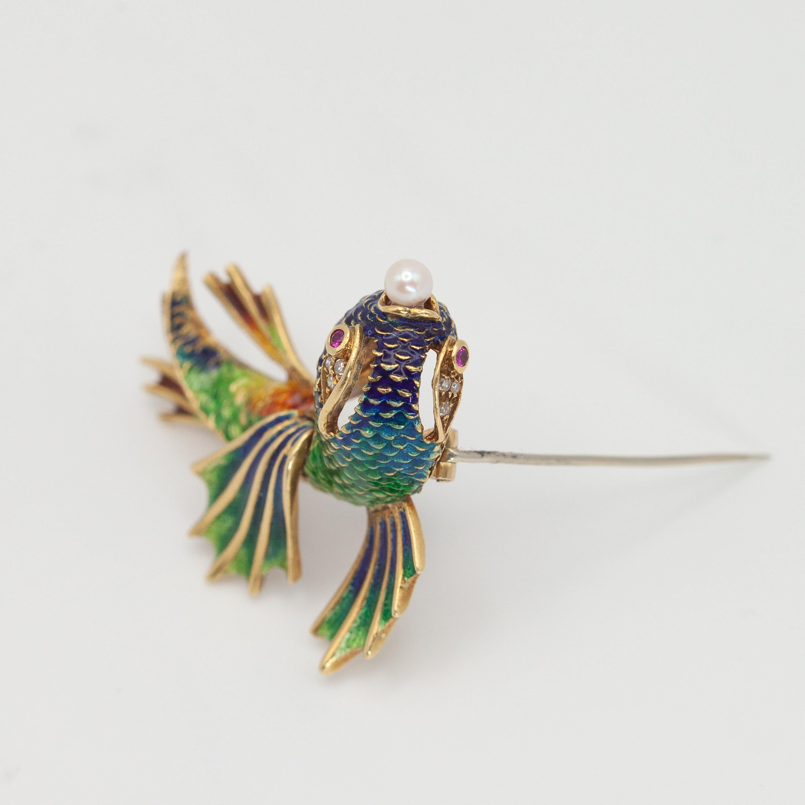 Vintage Italy 18K YG Diamond Enamel Fish Brooch For Sale 4