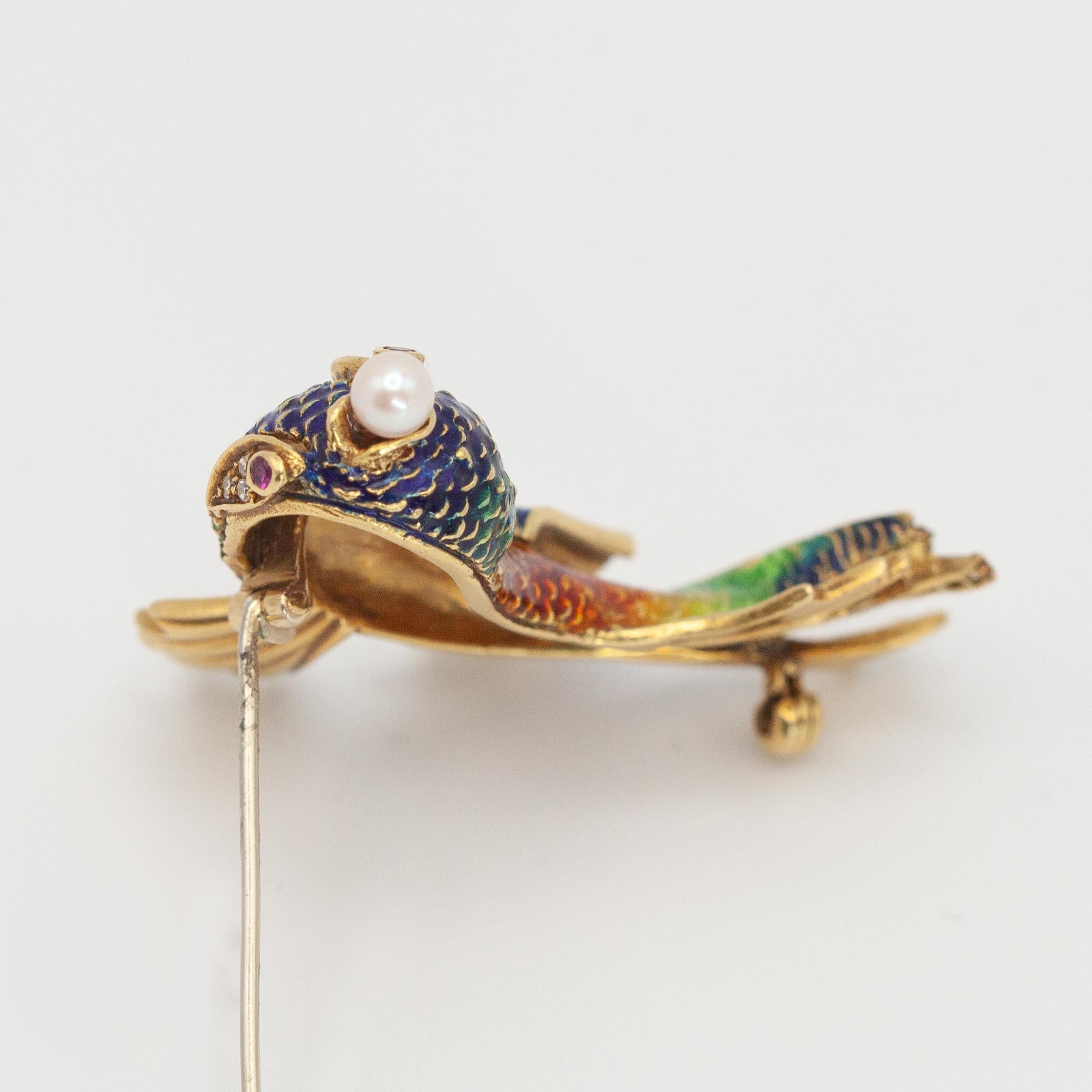 Vintage Italy 18K YG Diamond Enamel Fish Brooch For Sale 5
