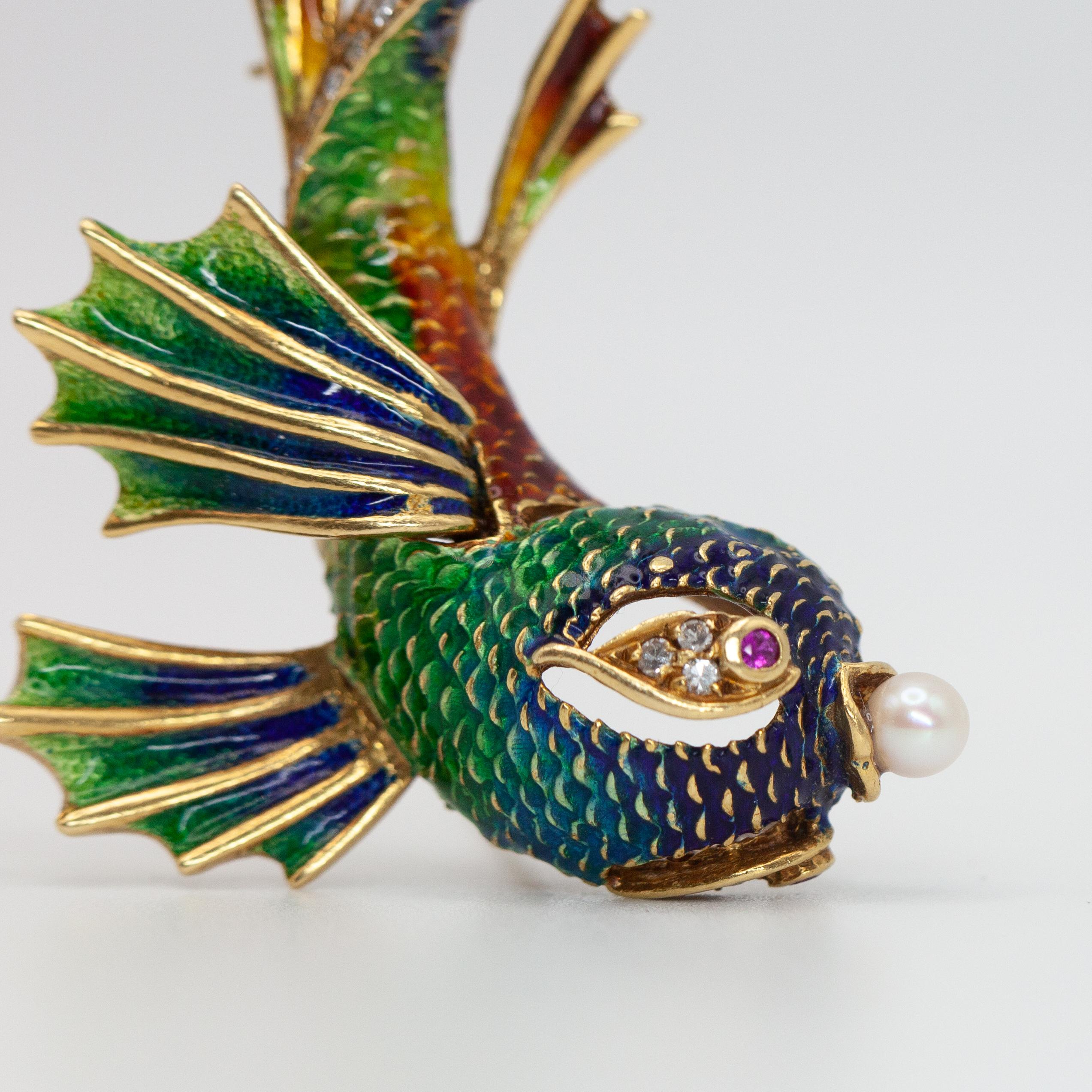 Modern Vintage Italy 18K YG Diamond Enamel Fish Brooch For Sale