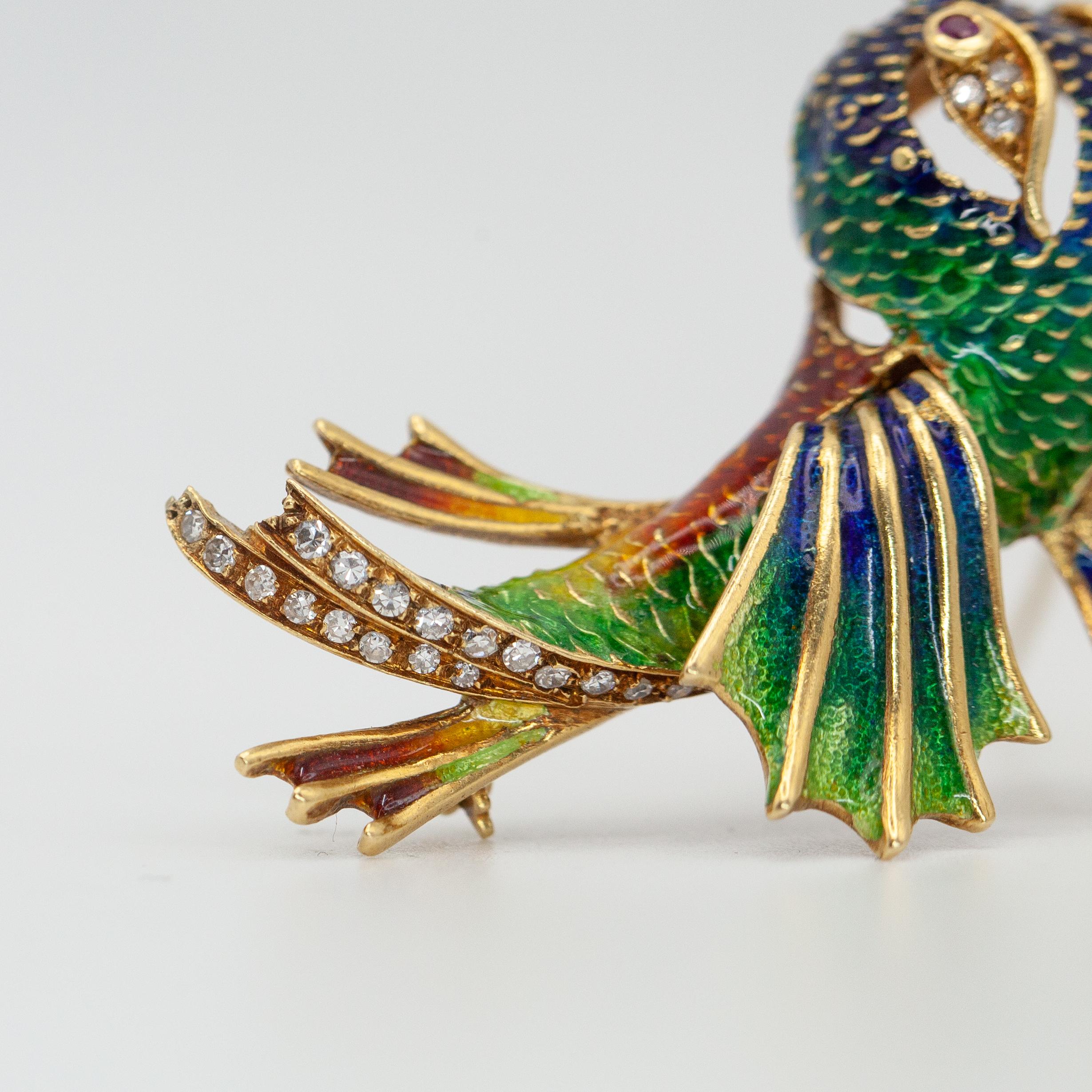 Women's or Men's Vintage Italy 18K YG Diamond Enamel Fish Brooch For Sale