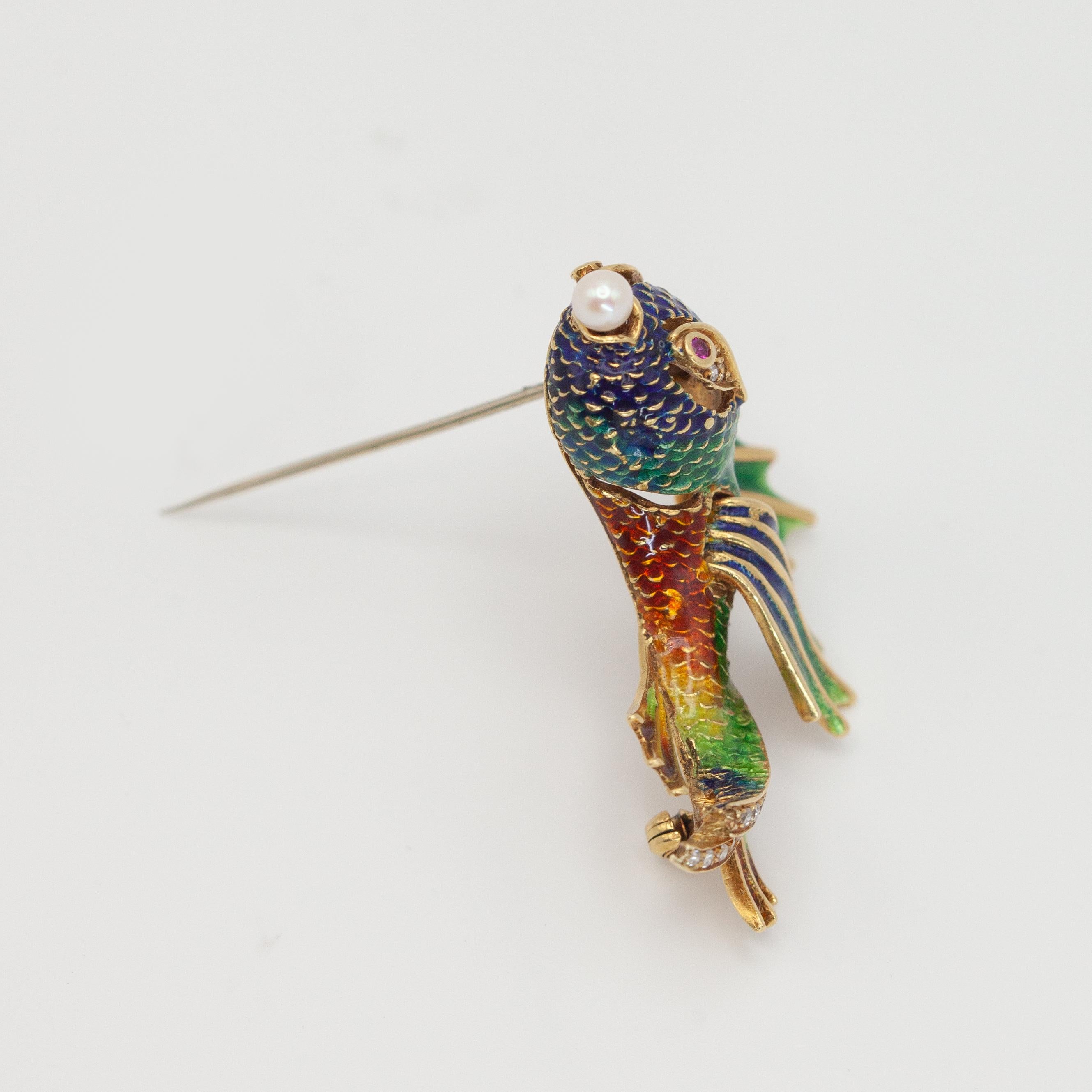 Vintage Italy 18K YG Diamond Enamel Fish Brooch For Sale 1