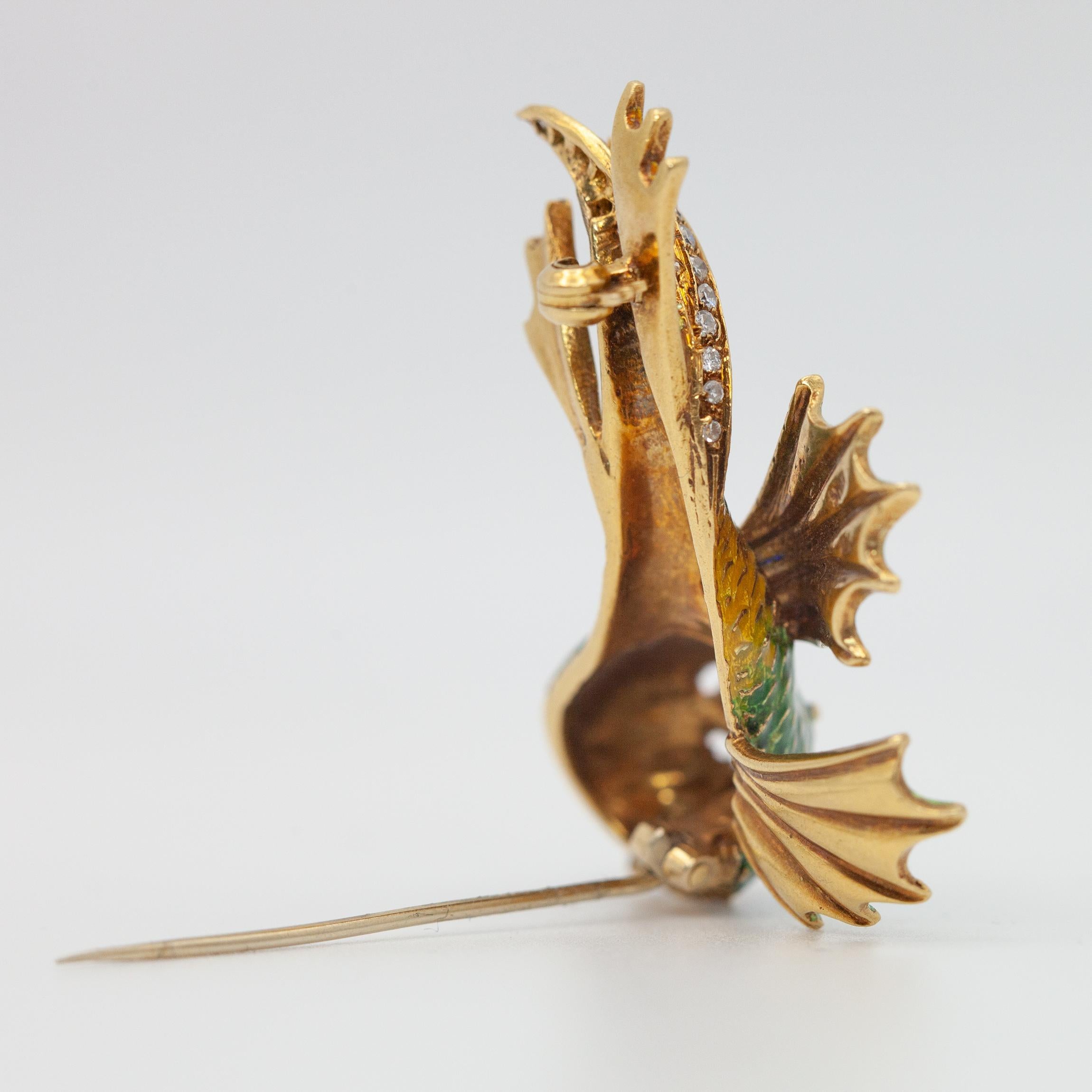 Vintage Italy 18K YG Diamond Enamel Fish Brooch For Sale 3