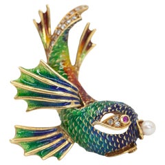 Vintage Italy 18K YG Diamond Enamel Fish Pin Brooch