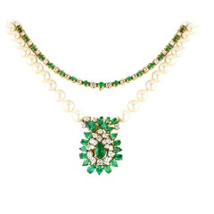 Vintage Italy 1960 18 Karat Yellow Gold 3-4 Carat Diamond Emerald Necklace