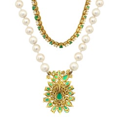 Vintage Italy 1960 18 Karat Yellow Gold 3-4 Carat Diamond Emerald Necklace