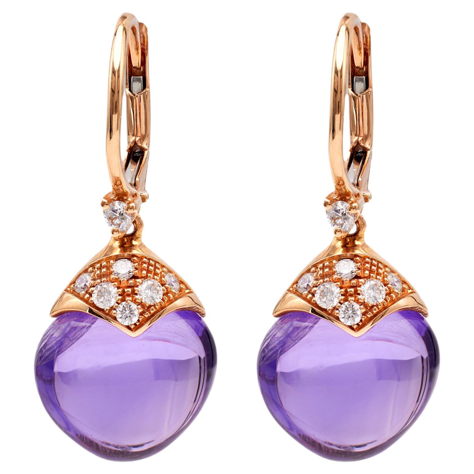 Vintage Italy Amethyst and Diamond 18k Rose Gold Earrings