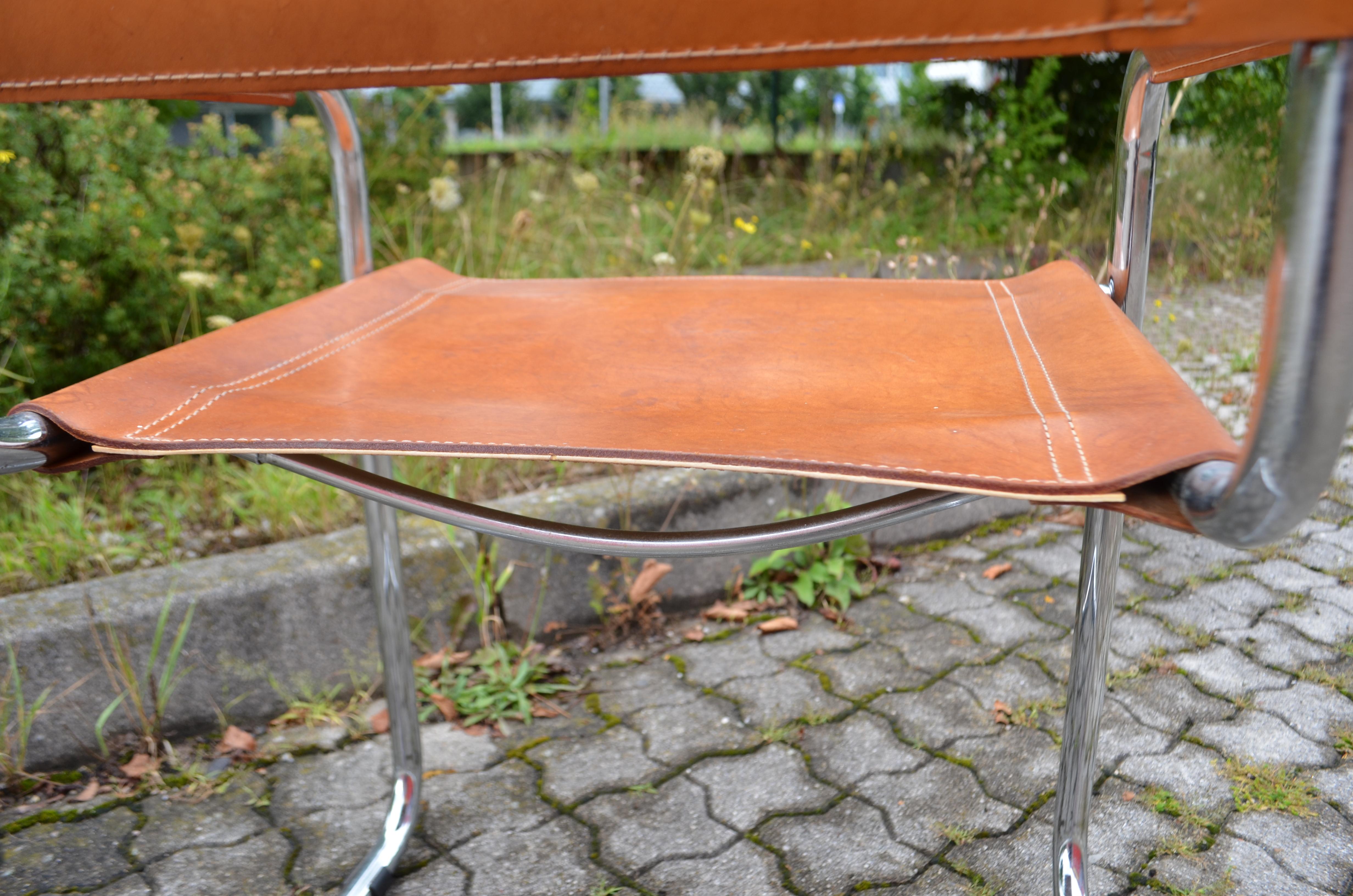 20th Century Vintage Italy Cognac Vegetal Leather Dining Chair Armchair Cantilever For Sale