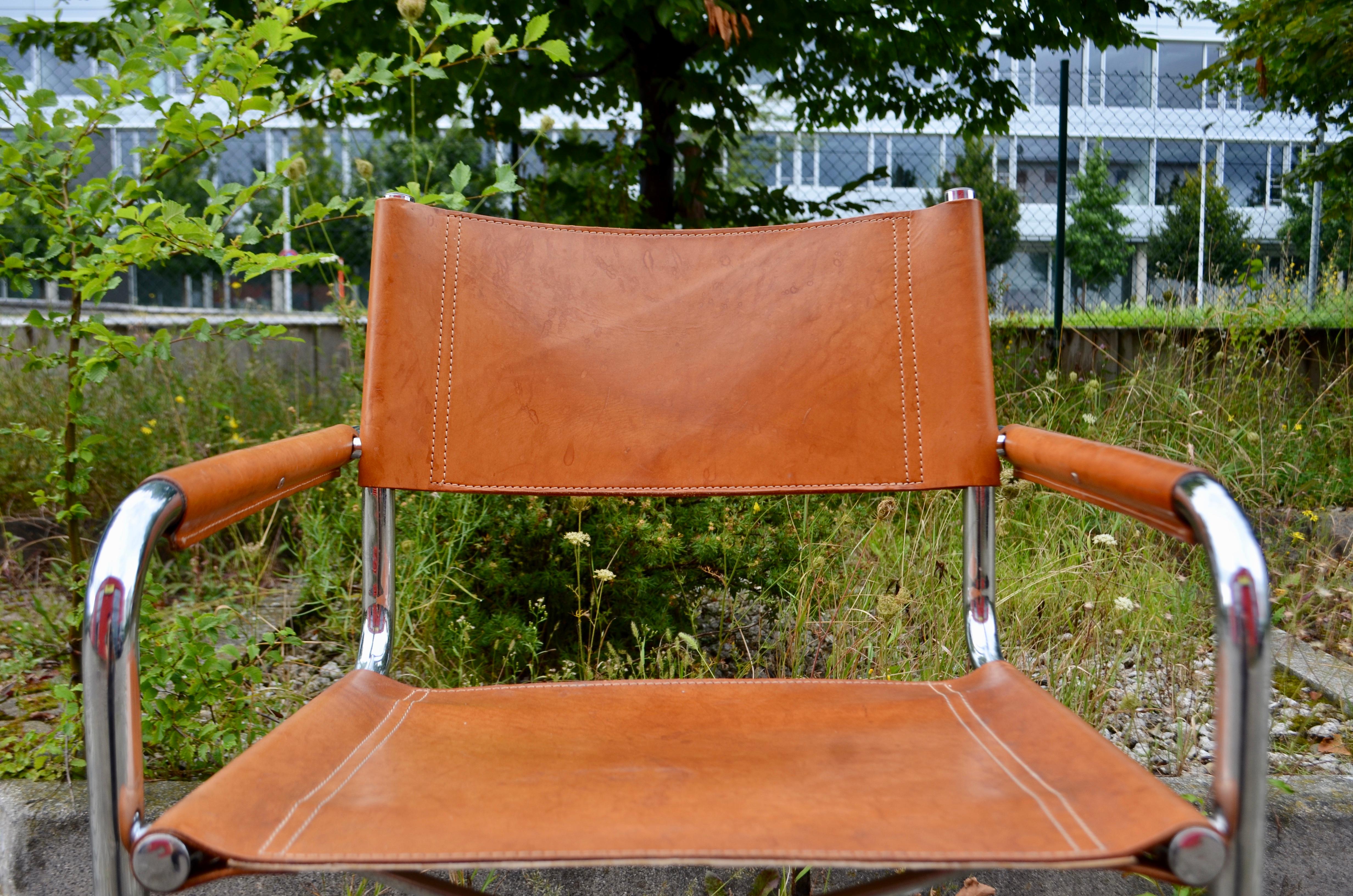 Bauhaus Vintage Italy Cognac Vegetal Leather Dining Chair Armchair Cantilever For Sale