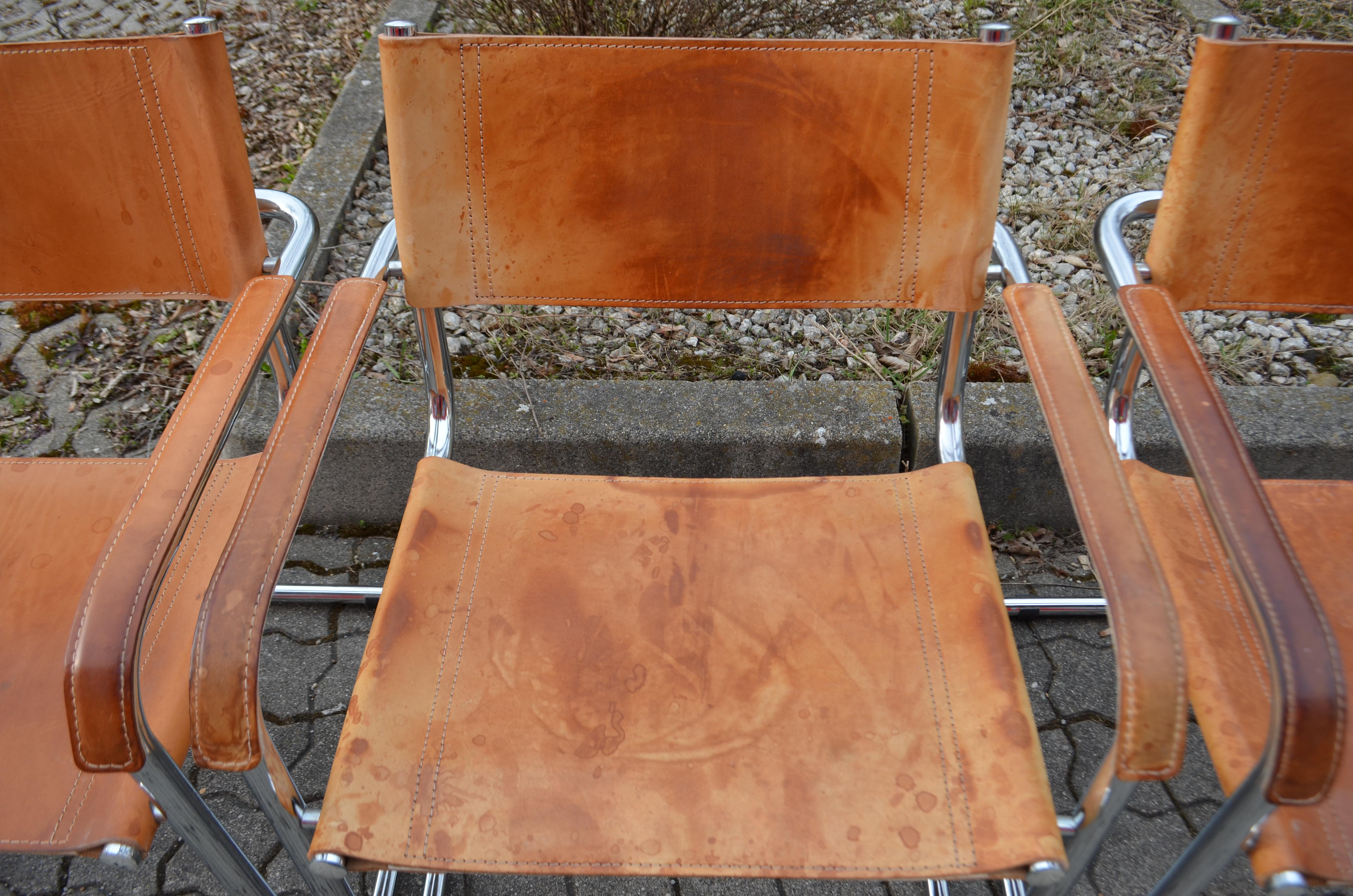 20th Century Vintage Italy Cognac Vegetal Leather Dining Chairs Armchairs Cantilever Set of 6 For Sale