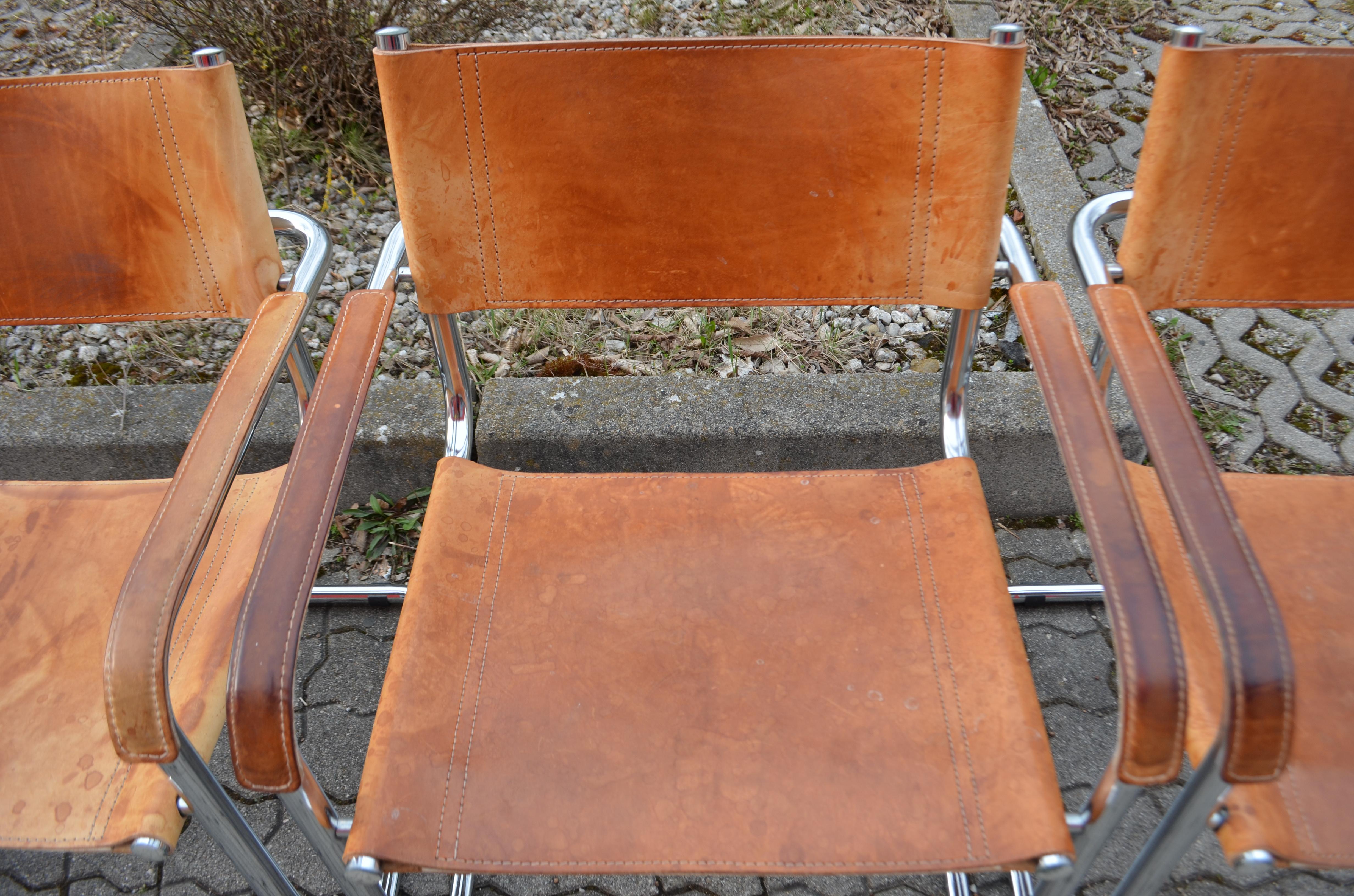 Vintage Italy Cognac Vegetal Leather Dining Chairs Armchairs Cantilever Set of 6 For Sale 1