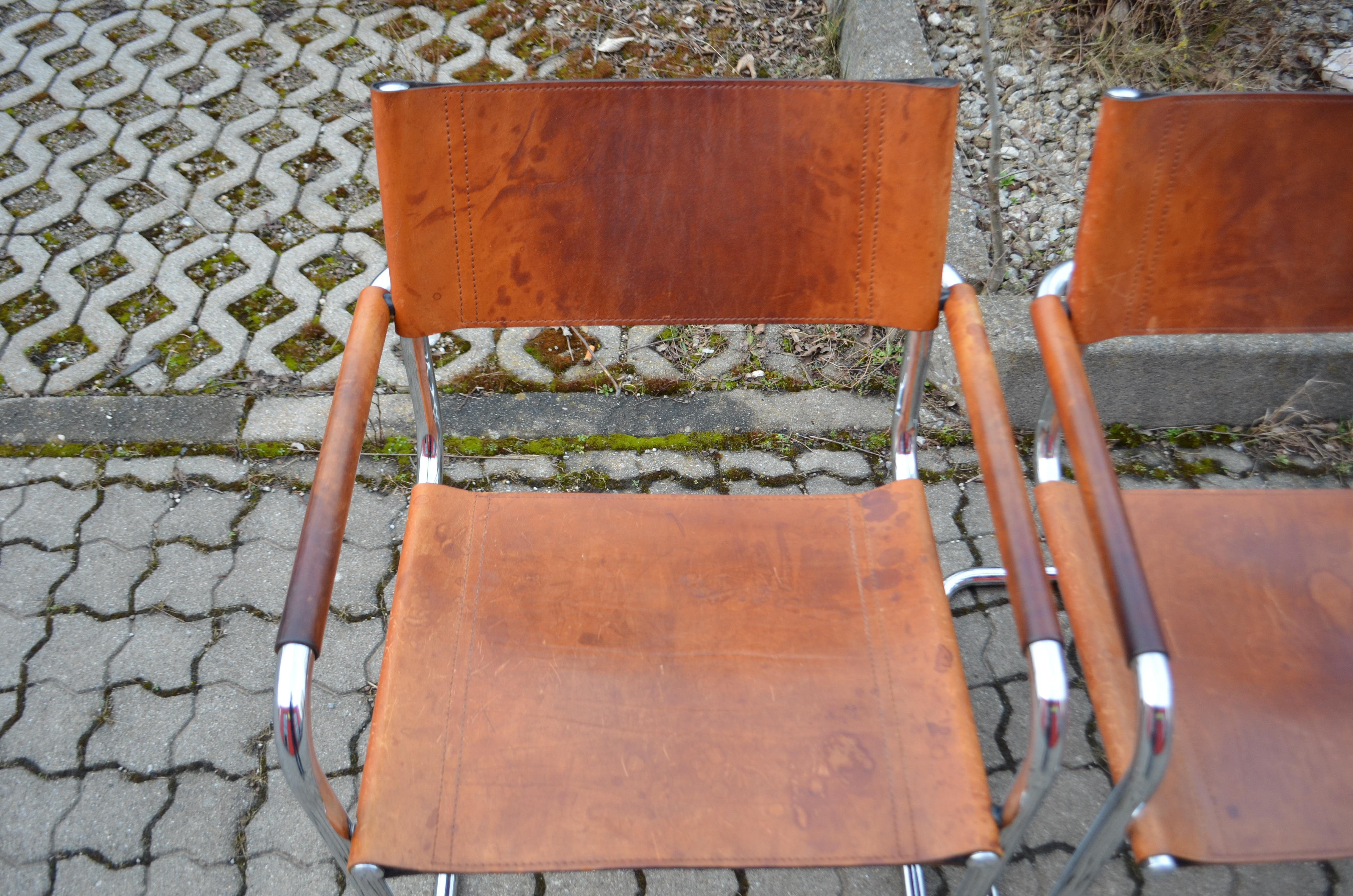 Vintage Italy Cognac Vegetal Leather Dining Chairs Armchairs Cantilever Set of 6 For Sale 6