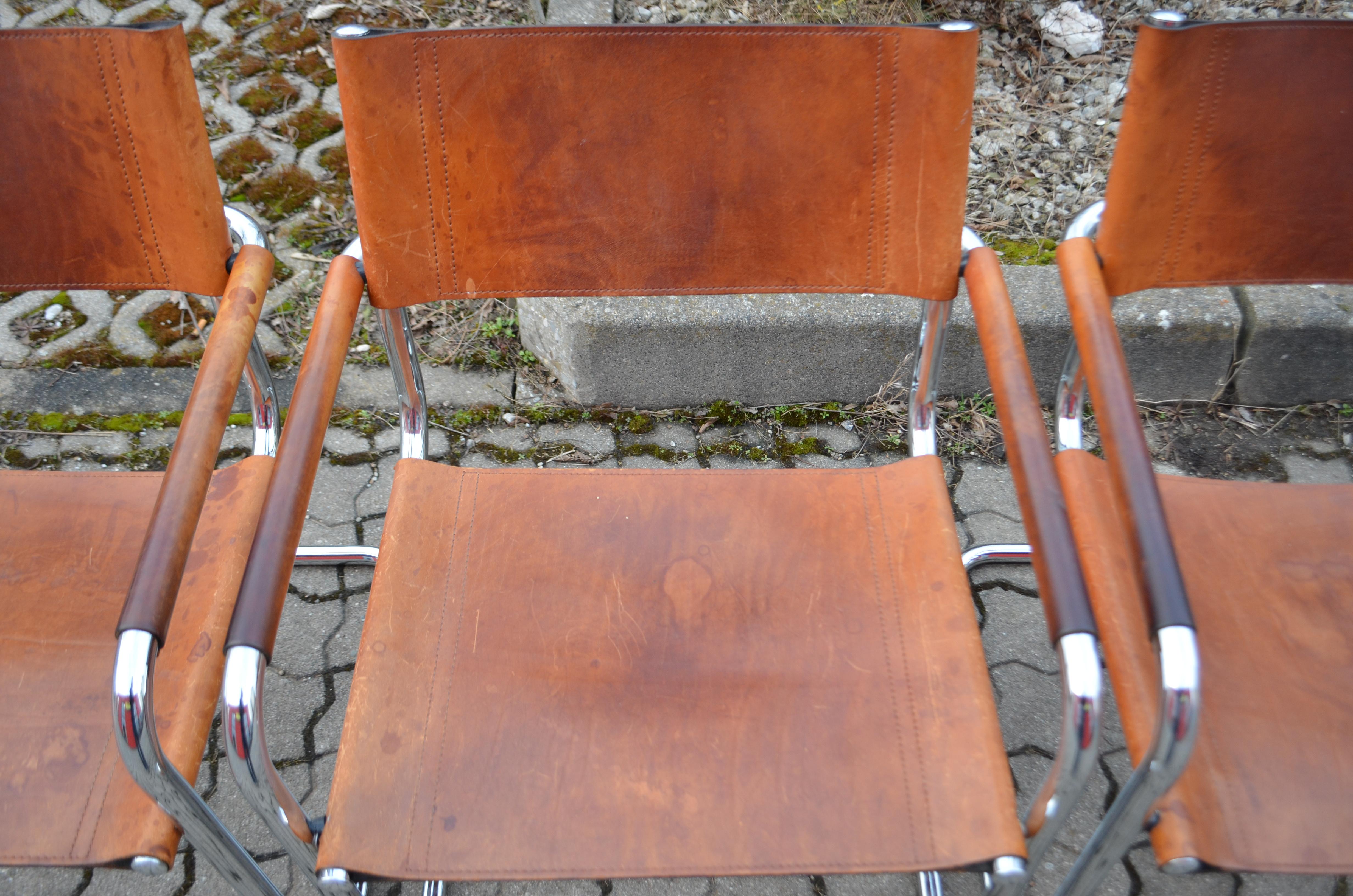 Vintage Italy Cognac Vegetal Leather Dining Chairs Armchairs Cantilever Set of 6 For Sale 7
