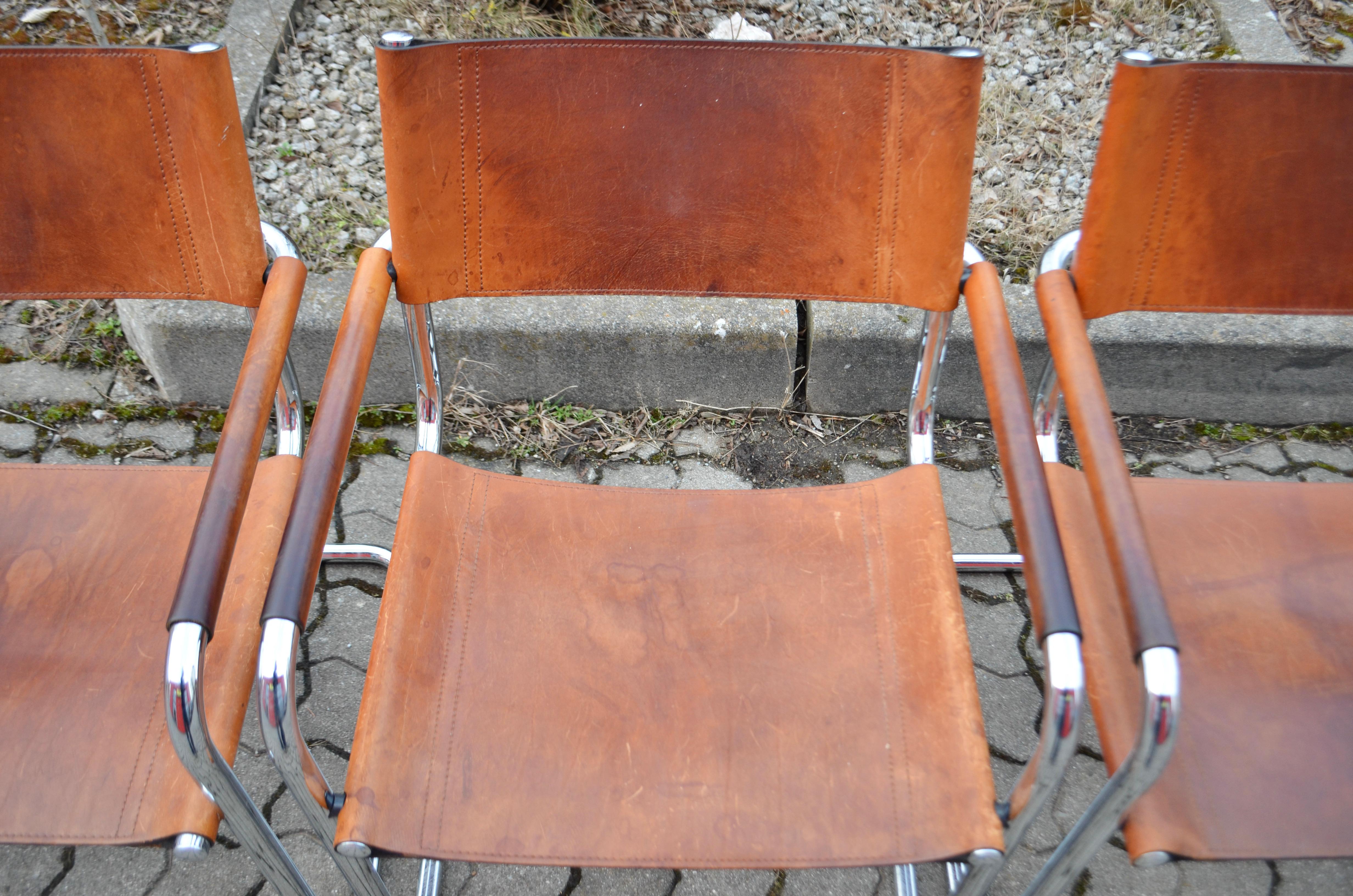 Vintage Italy Cognac Vegetal Leather Dining Chairs Armchairs Cantilever Set of 6 For Sale 8