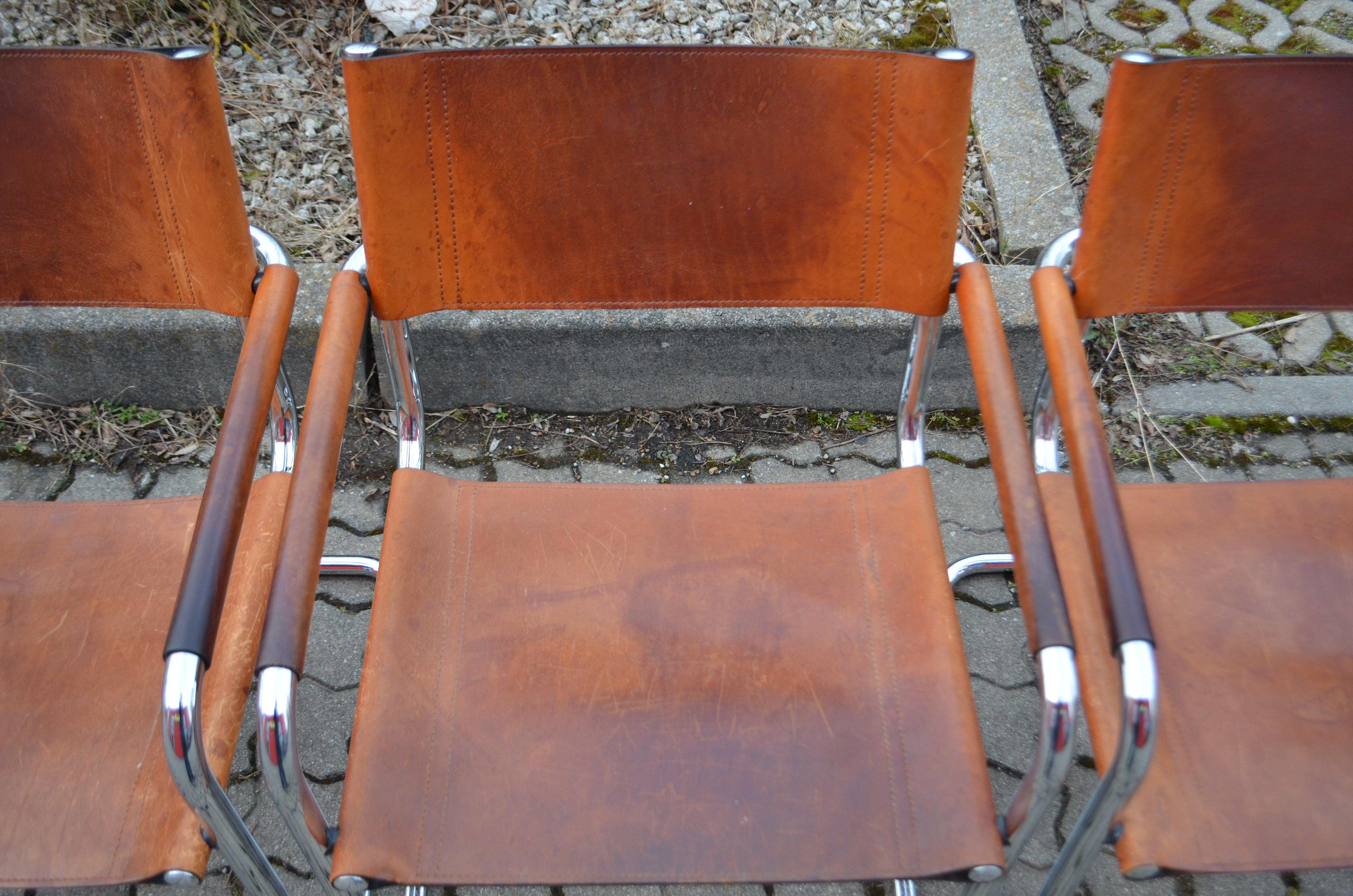 Vintage Italy Cognac Vegetal Leather Dining Chairs Armchairs Cantilever Set of 6 For Sale 9