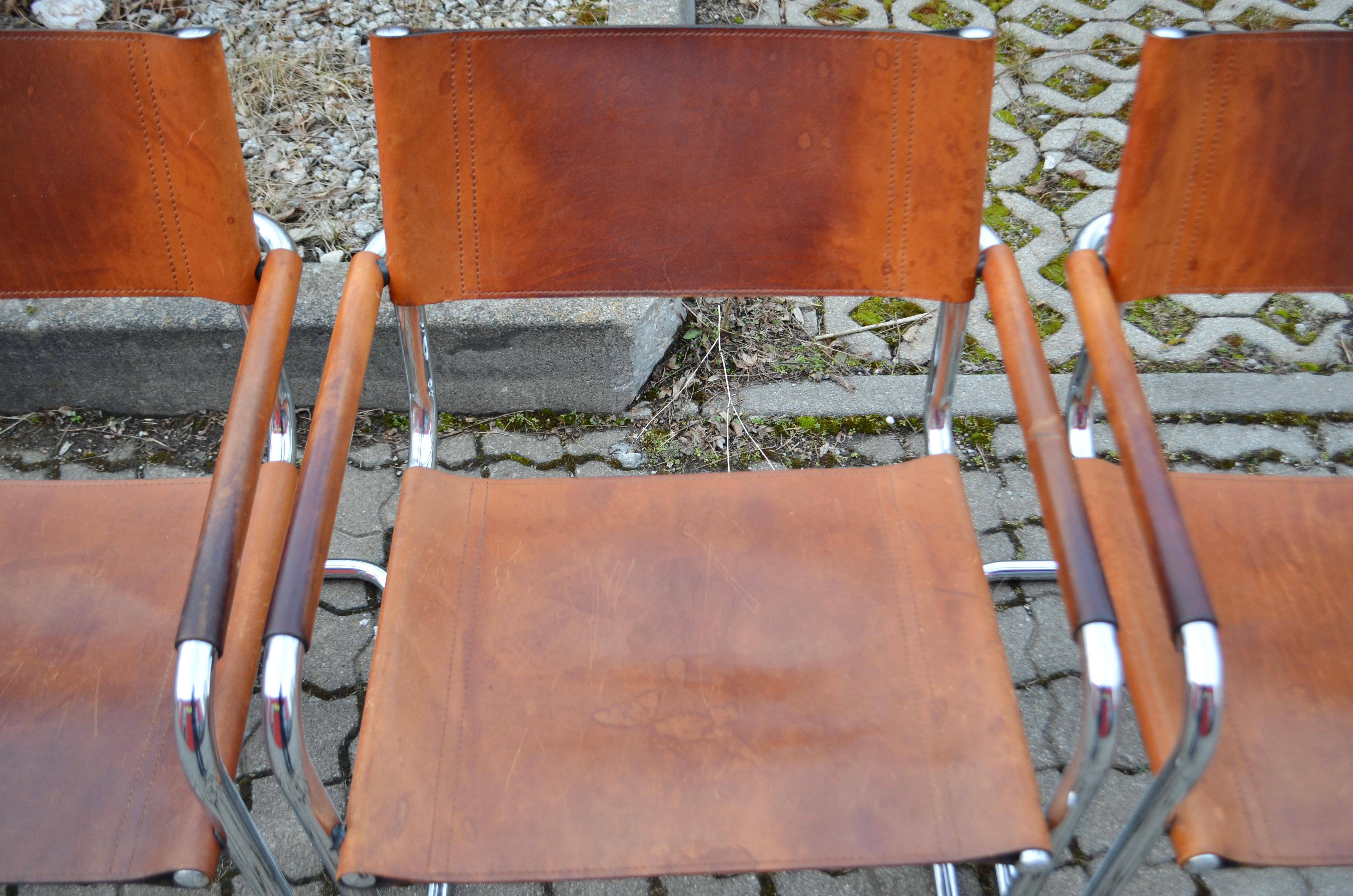 Vintage Italy Cognac Vegetal Leather Dining Chairs Armchairs Cantilever Set of 6 For Sale 10