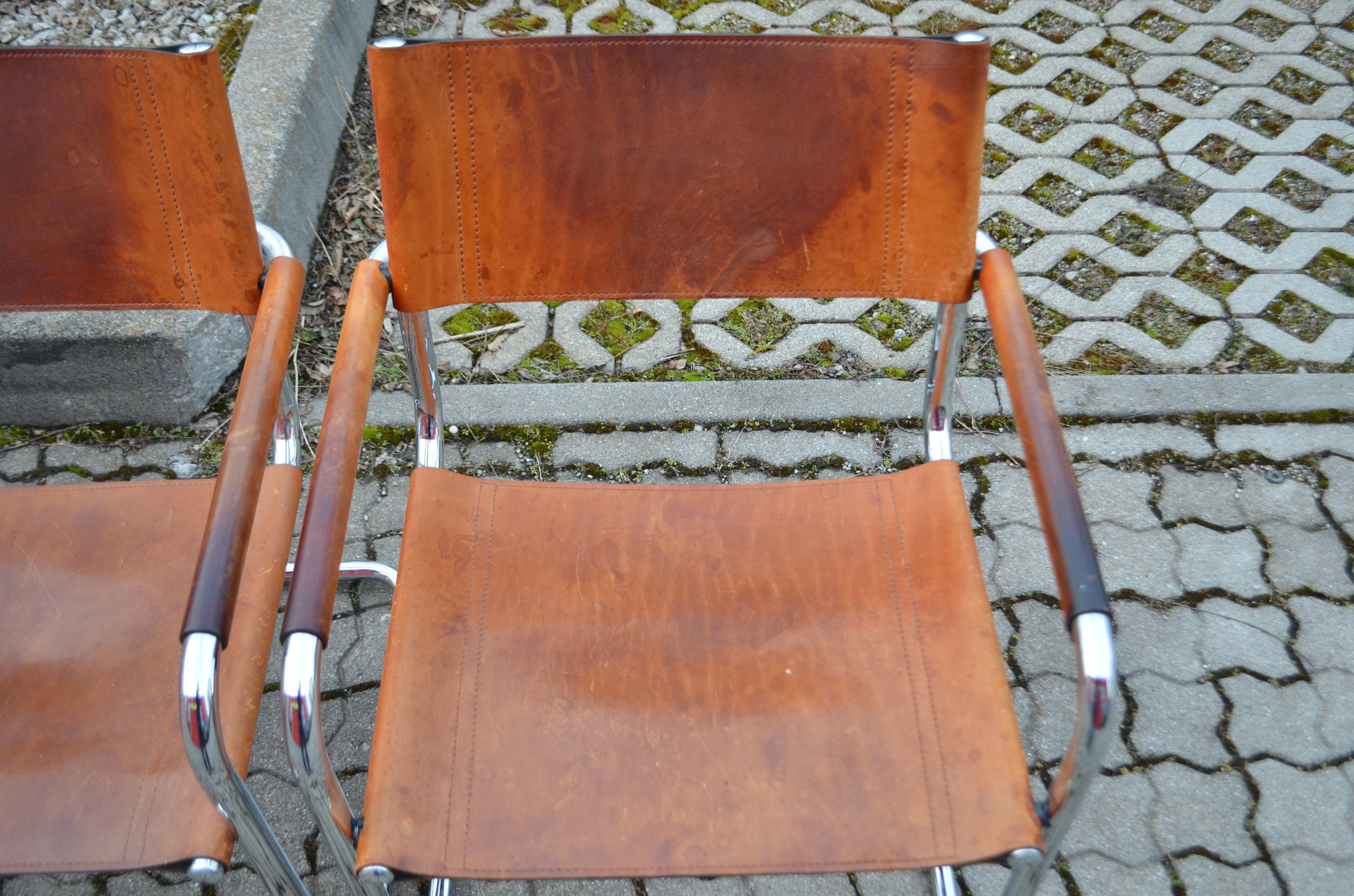 Vintage Italy Cognac Vegetal Leather Dining Chairs Armchairs Cantilever Set of 6 For Sale 11