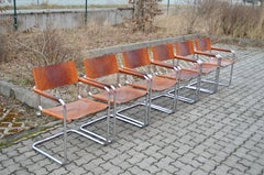 Vintage Italy Cognac Vegetal Leather Dining Chairs Armchairs Cantilever Set of 6
