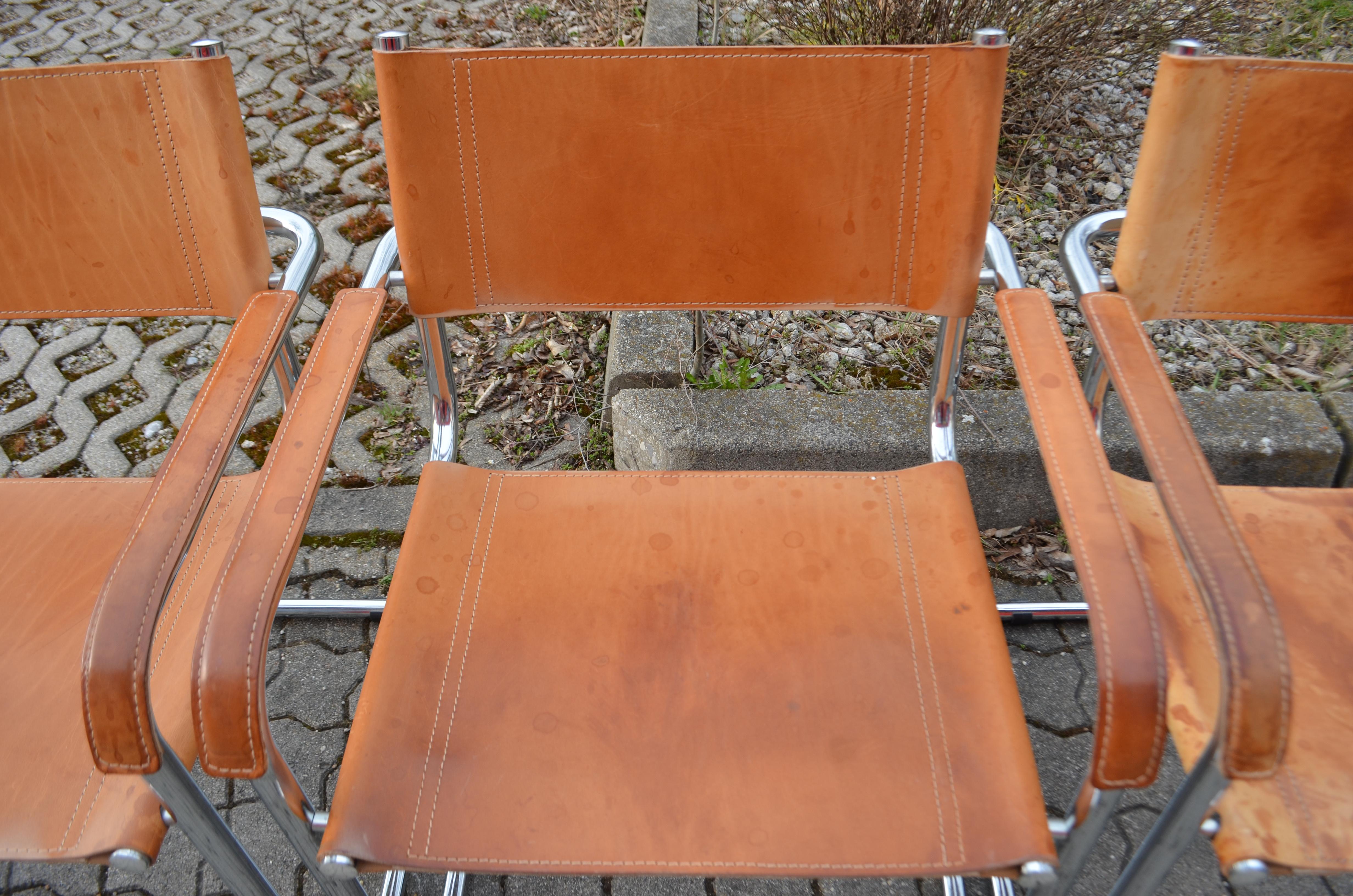 Vintage Italy Cognac Vegetal Leather Dining Chairs Armchairs Cantilever Set of 6 In Good Condition For Sale In Munich, Bavaria