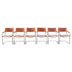 Vintage Italy Cognac Vegetal Leather Dining Chairs Armchairs Cantilever Set of 6