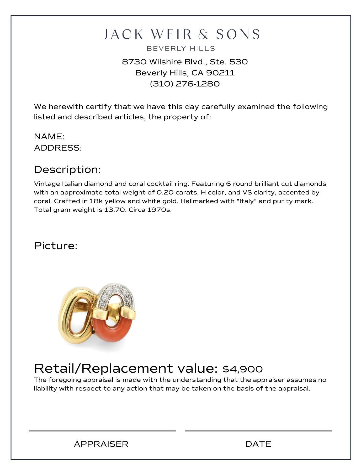 Italienischer Diamant-Korallen-Cocktailring aus 18 Karat Gold im Zustand „Hervorragend“ in Beverly Hills, CA