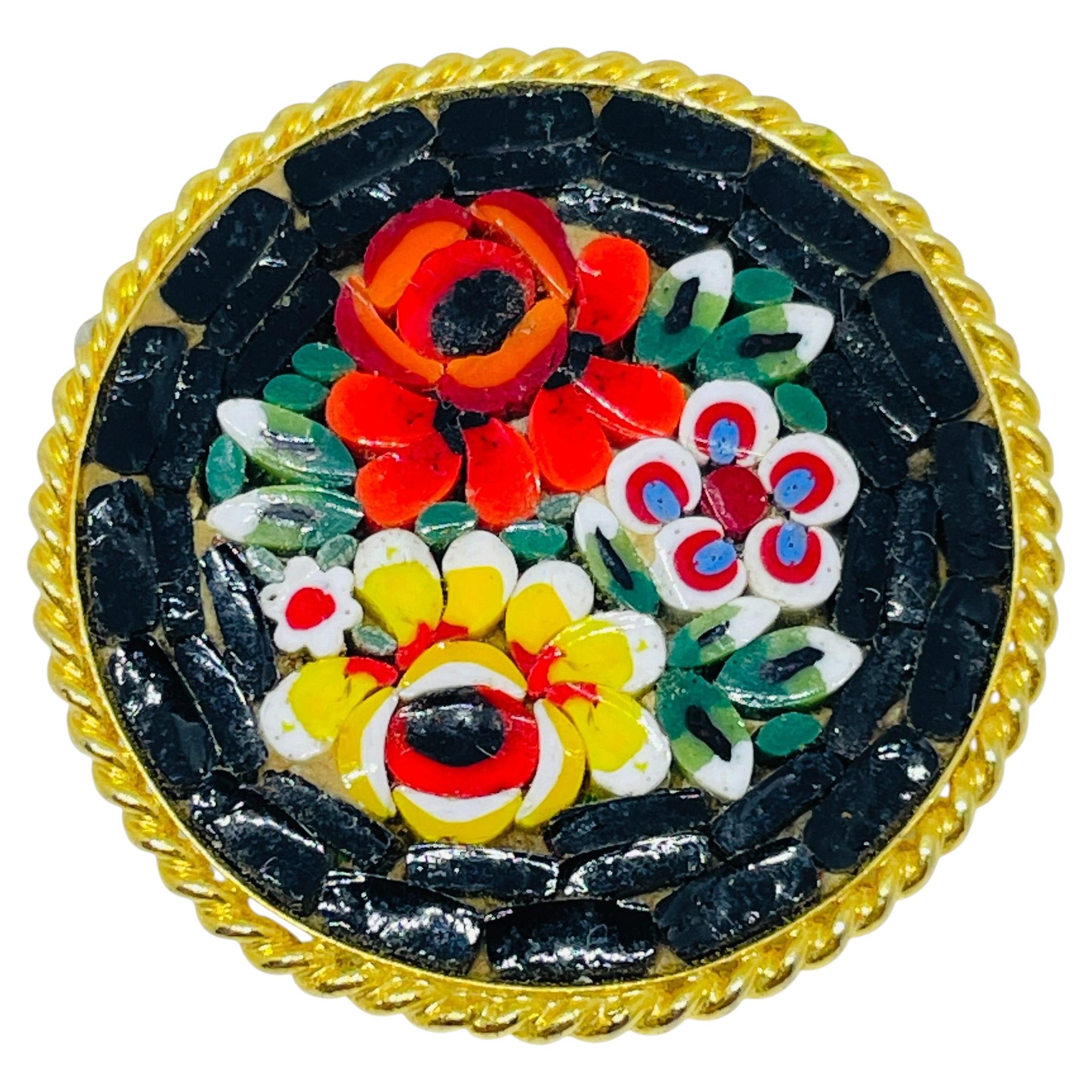Vintage ITALY gold tone micro mosaic flower brooch