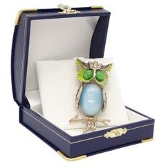 Vintage Italy Owl brooch Green Blue in metal ans stones