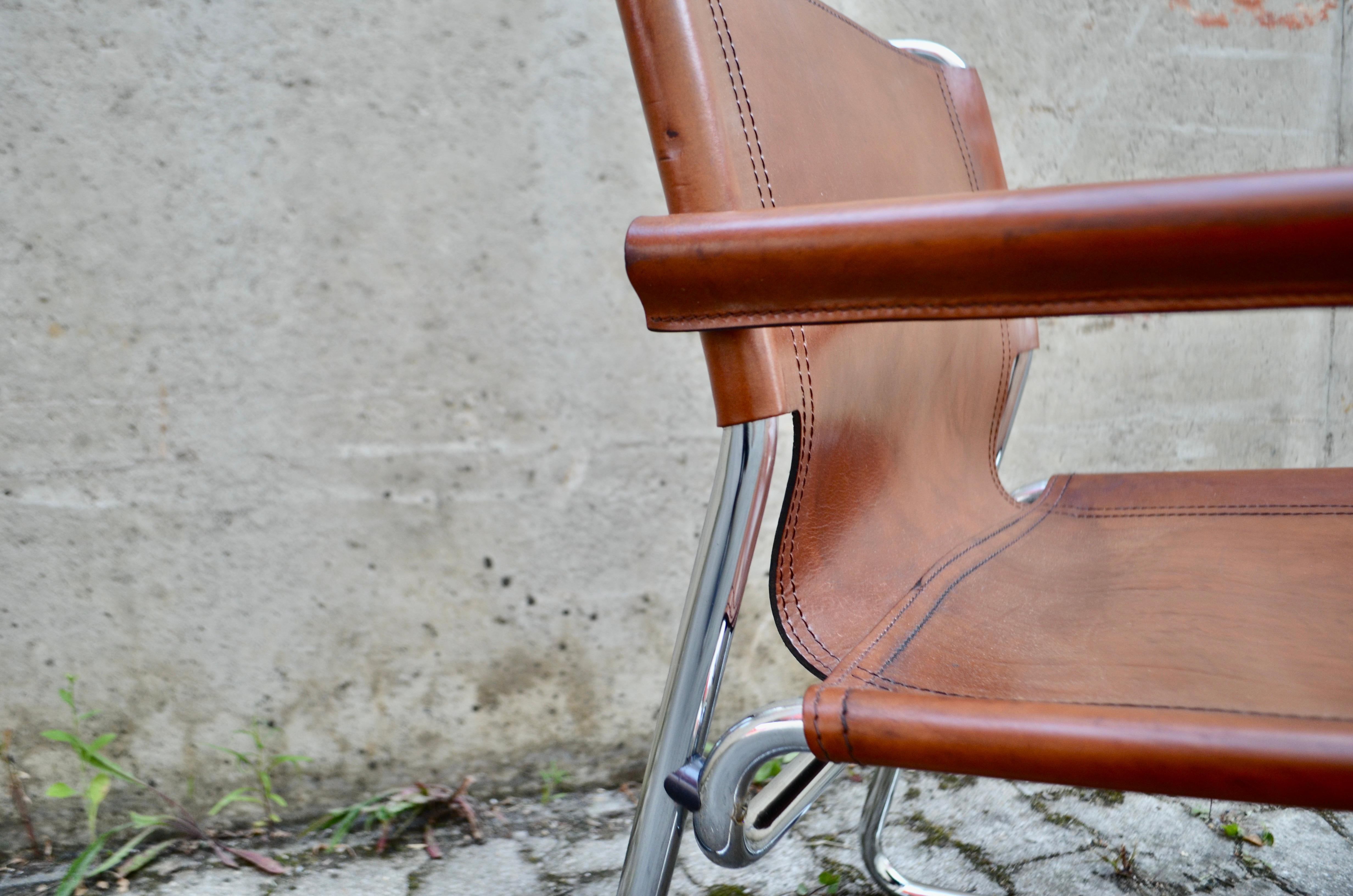 Vintage Italy Ox Red Cognac Saddle Leather Lounge Chair 1 of 2 For Sale 7