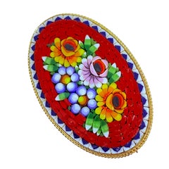 Vintage ITALY signed gold tone micro mosaic flower brooch