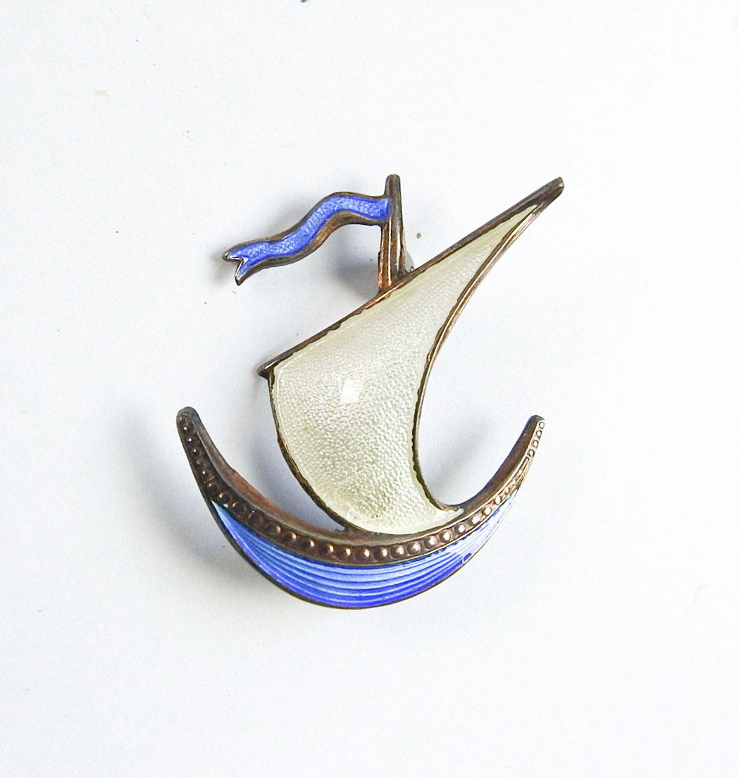 Scandinavian Modern Vintage Ivan Holth, Norway Guilloche Enamel over Sterling Silver Pin in the Shap For Sale