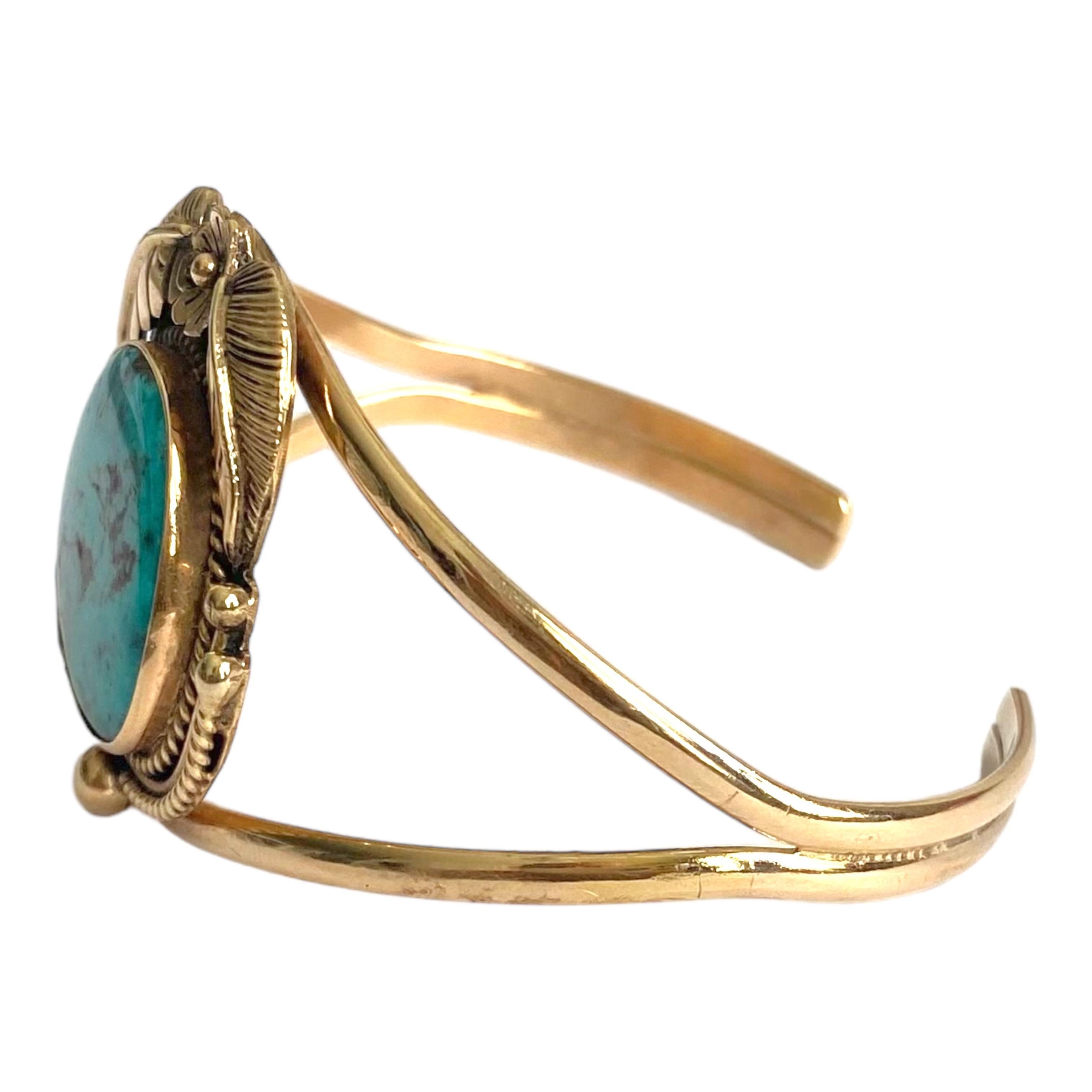 Vintage IVAN V Navajo 14K Turquoise Cuff Bracelet In Excellent Condition For Sale In Henderson, NV