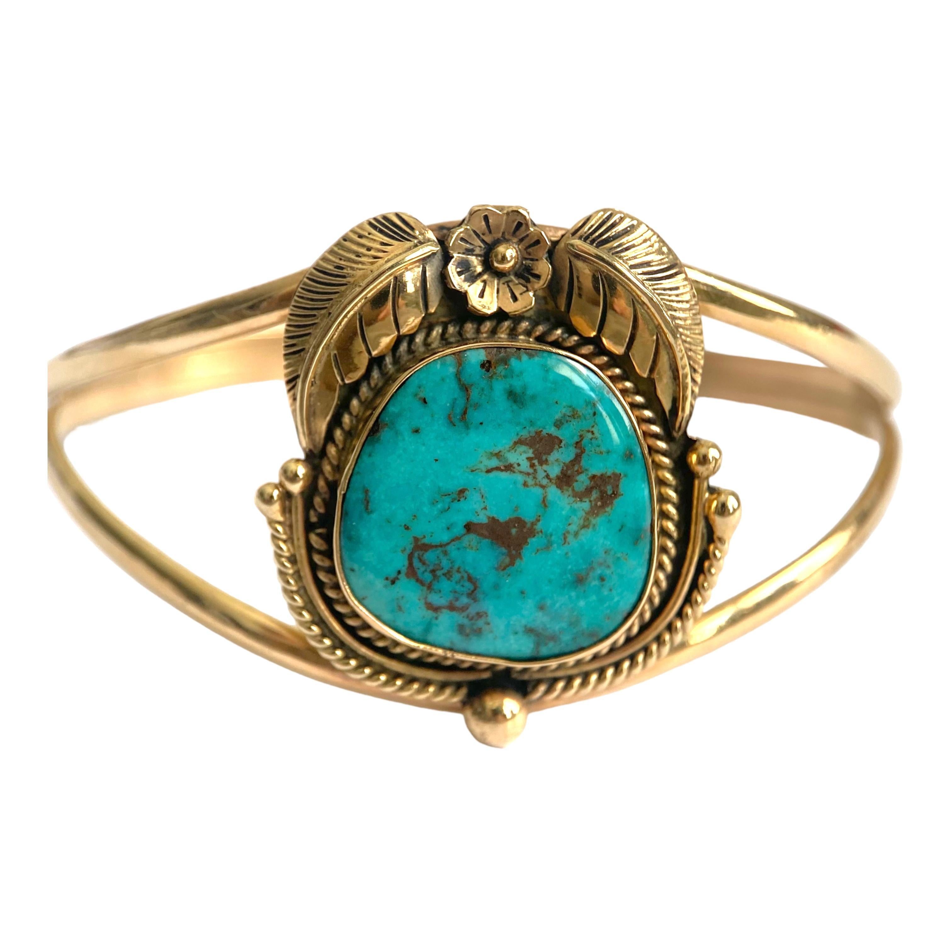 Vintage IVAN V Navajo 14K Turquoise Cuff Bracelet For Sale 1