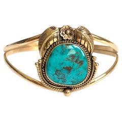 Vintage IVAN V Navajo 14K Turquoise Cuff Bracelet
