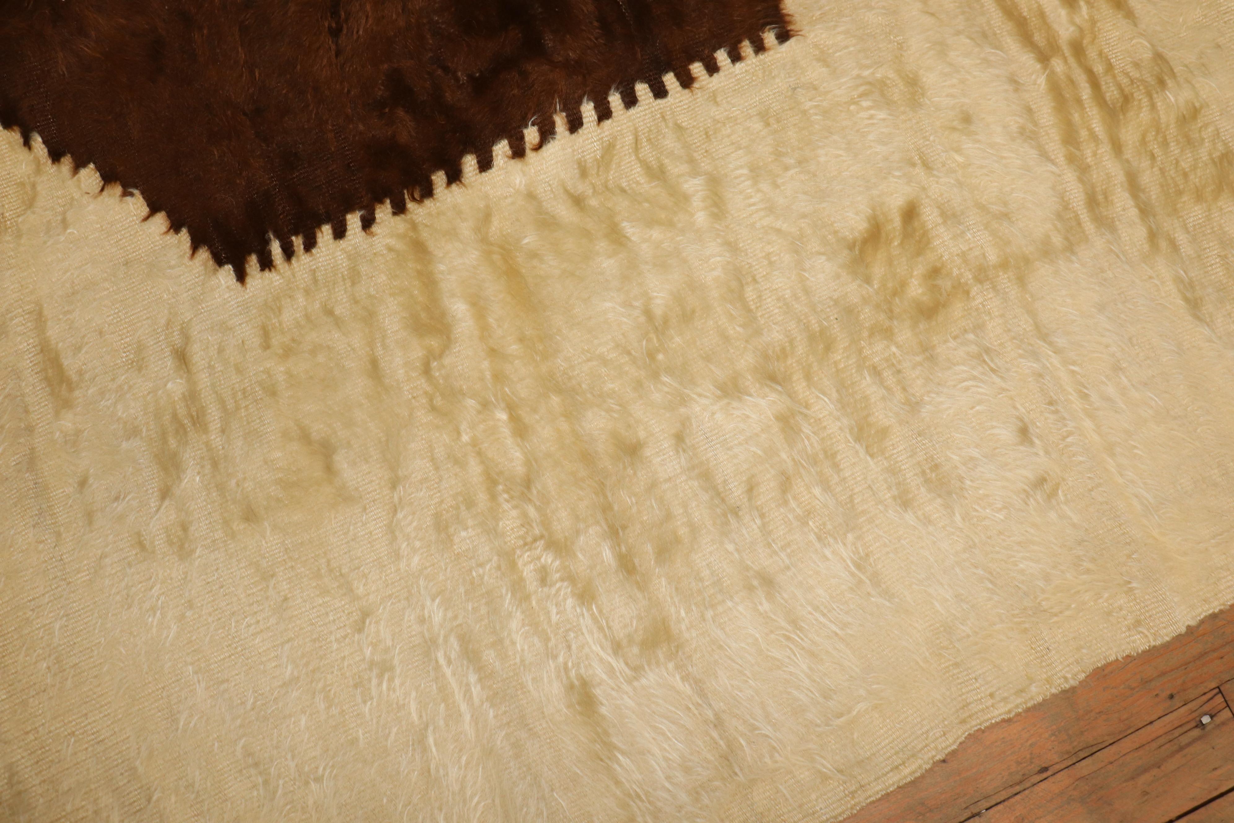 Hand-Woven Vintage Ivory and Brown Turkish Mohair Rug For Sale