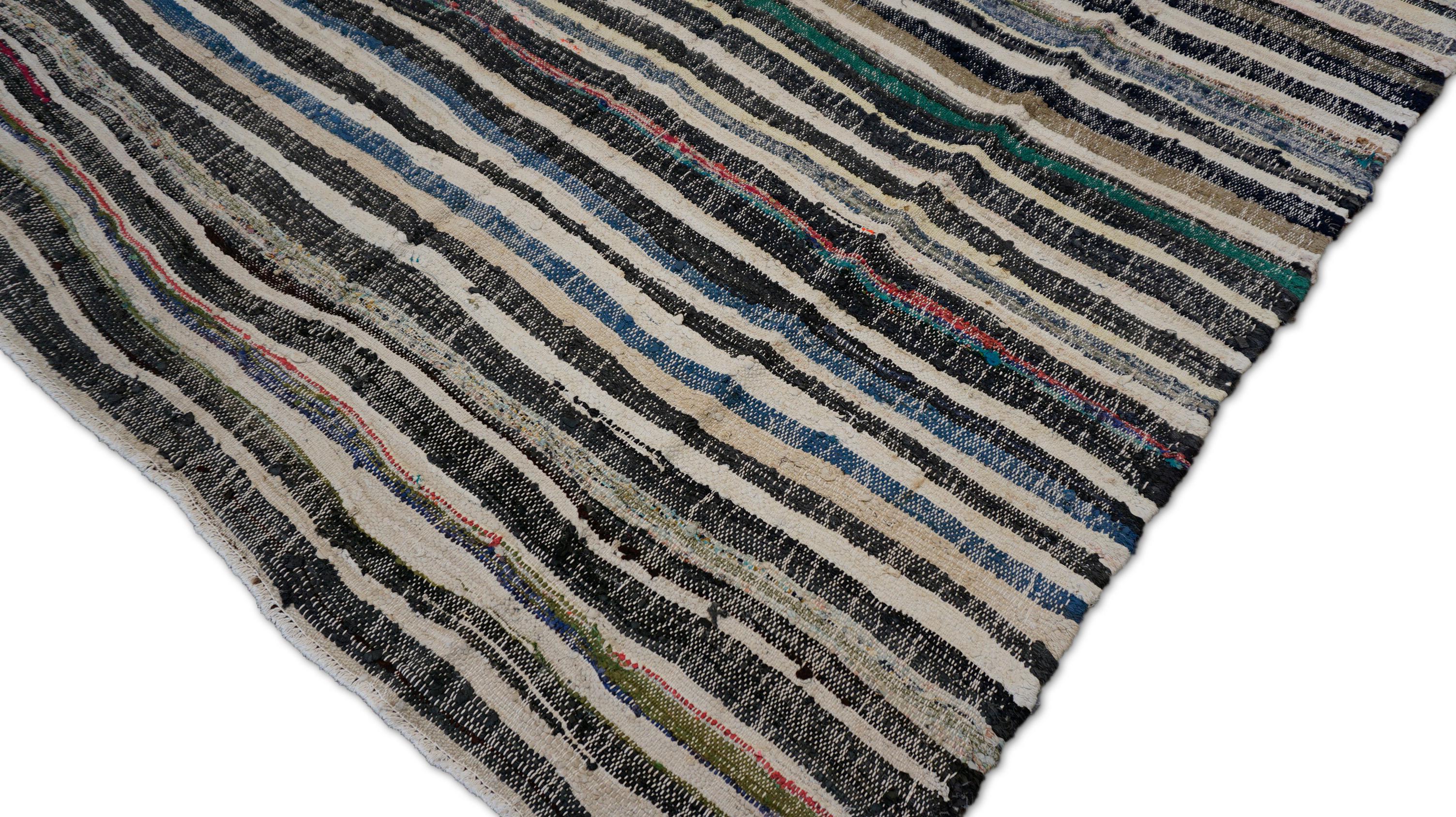 Turco Kilim vintage a righe avorio e carbone 5'9''x9'5'' in vendita