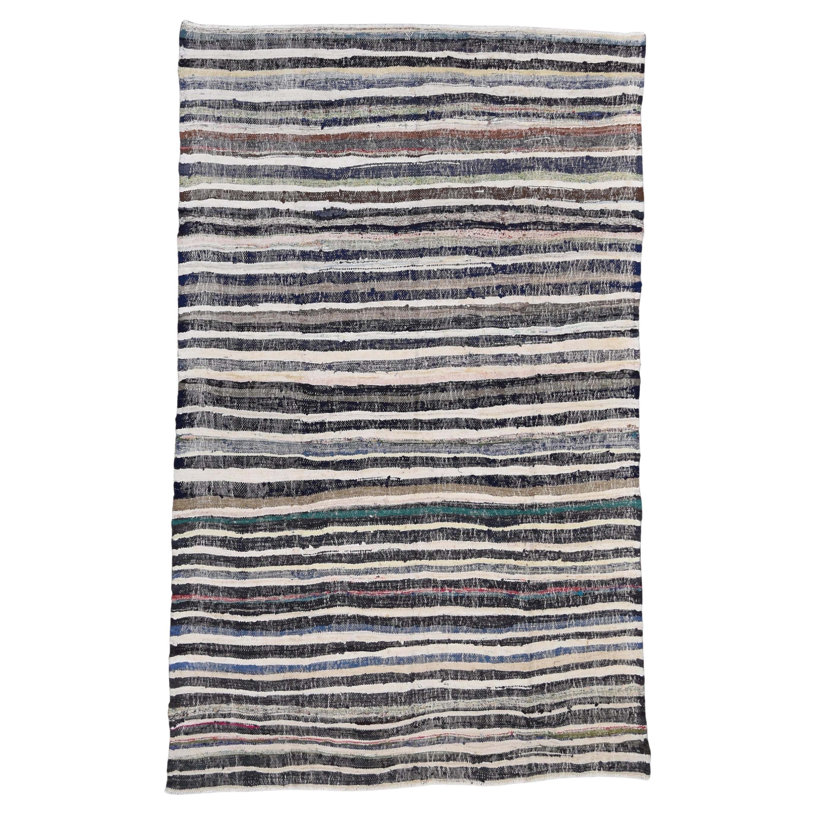 Vintage Ivory and Charcoal Striped Kilim 5'9''x9'5''