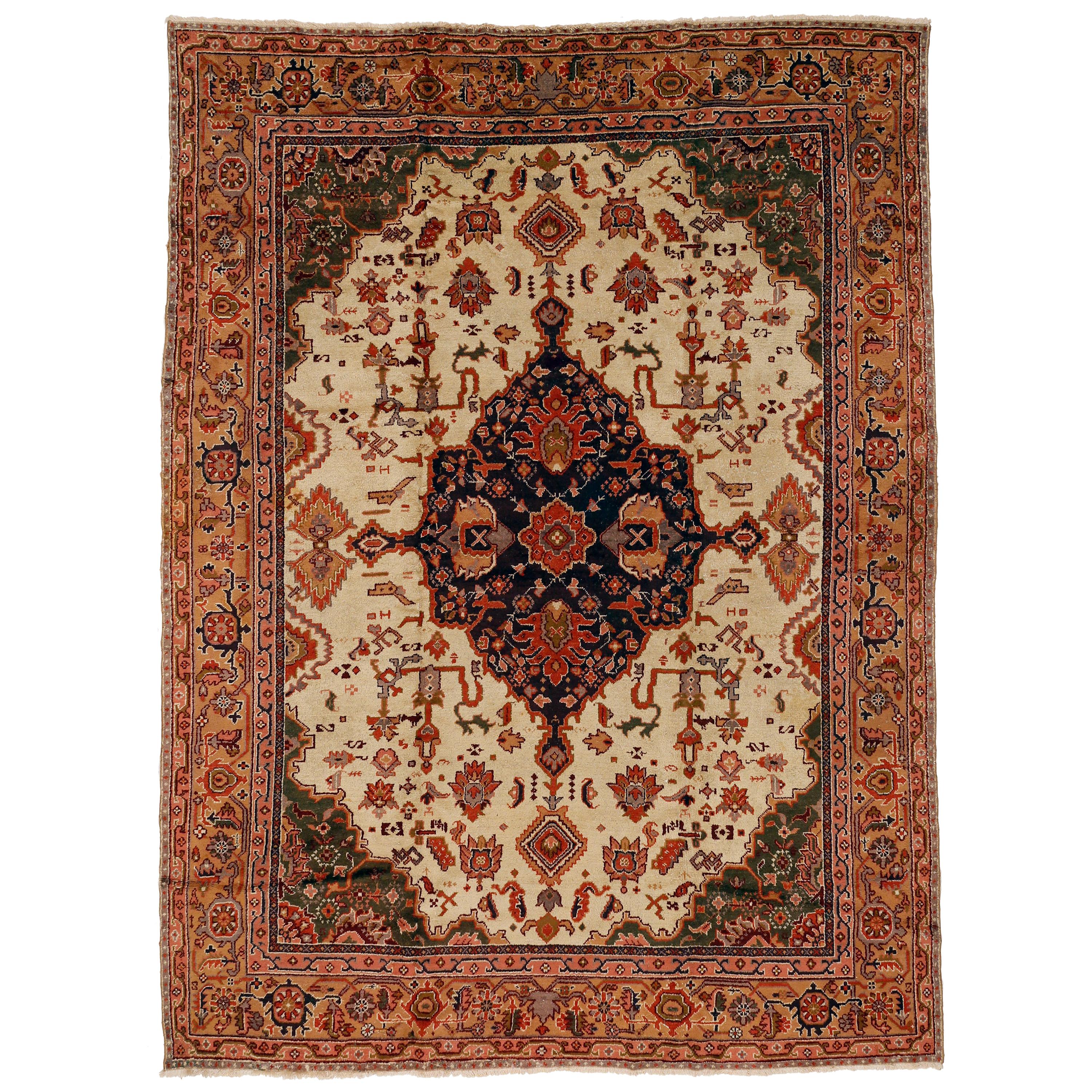 Vintage Ivory Background Turkish Medallion Design Rug For Sale