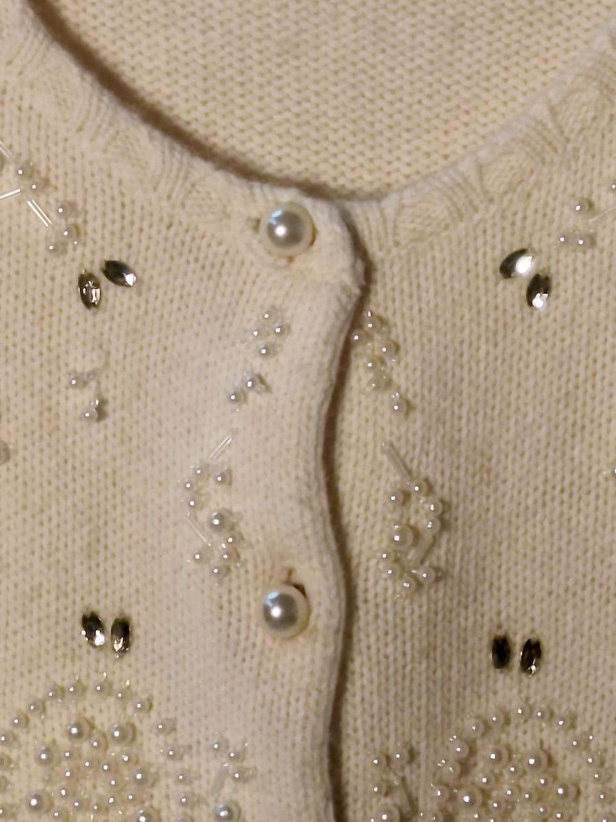 Elfenbeinfarbene Wollstrickjacke mit Perlen, 1950er Jahre im Angebot 3
