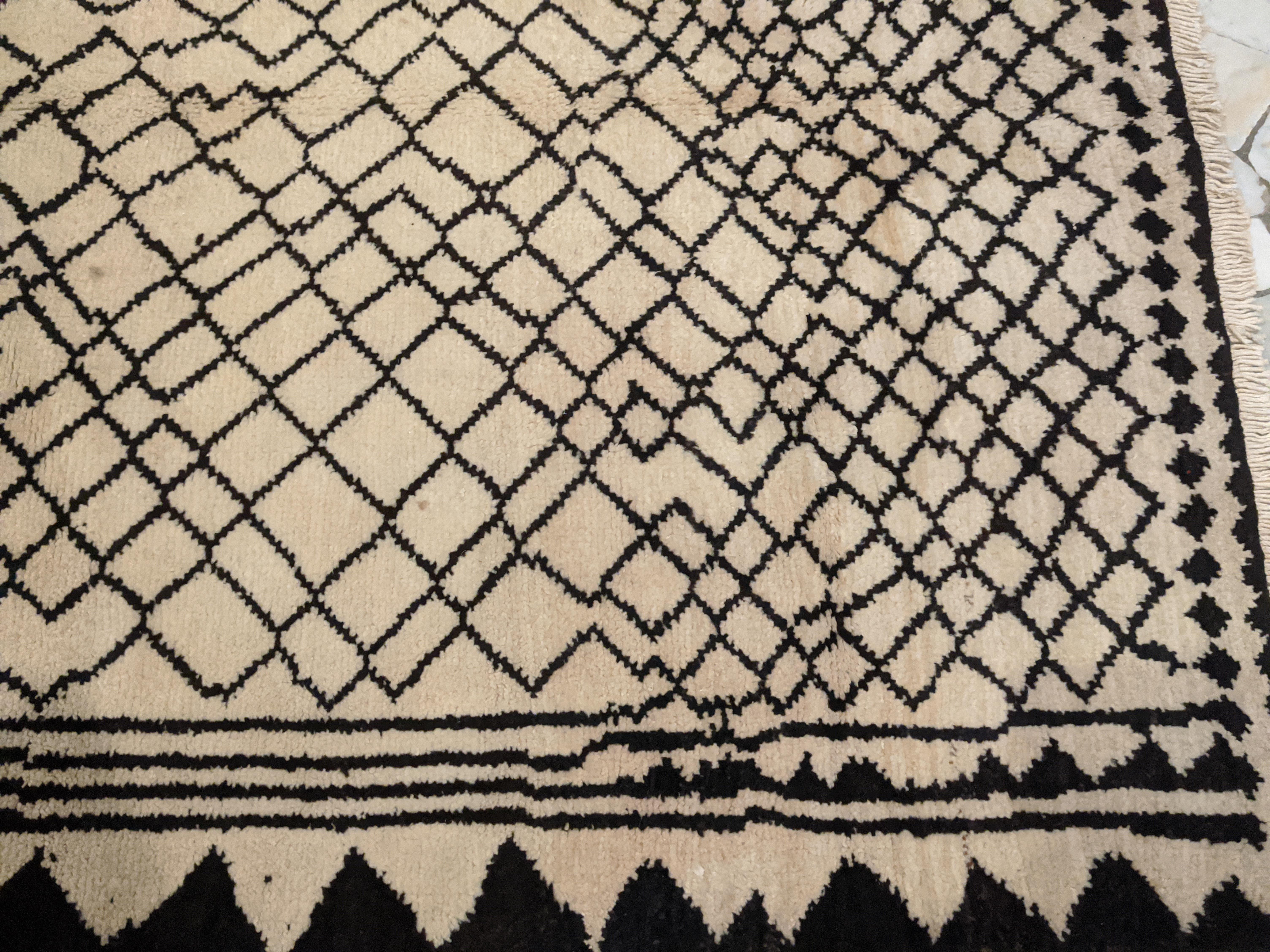 Hand-Knotted Vintage Ivory/Black Geometric Design Tribal Rug For Sale