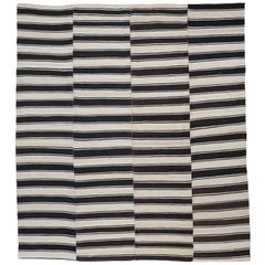 Vintage Ivory Black Graphic Striped Tribal Kilim