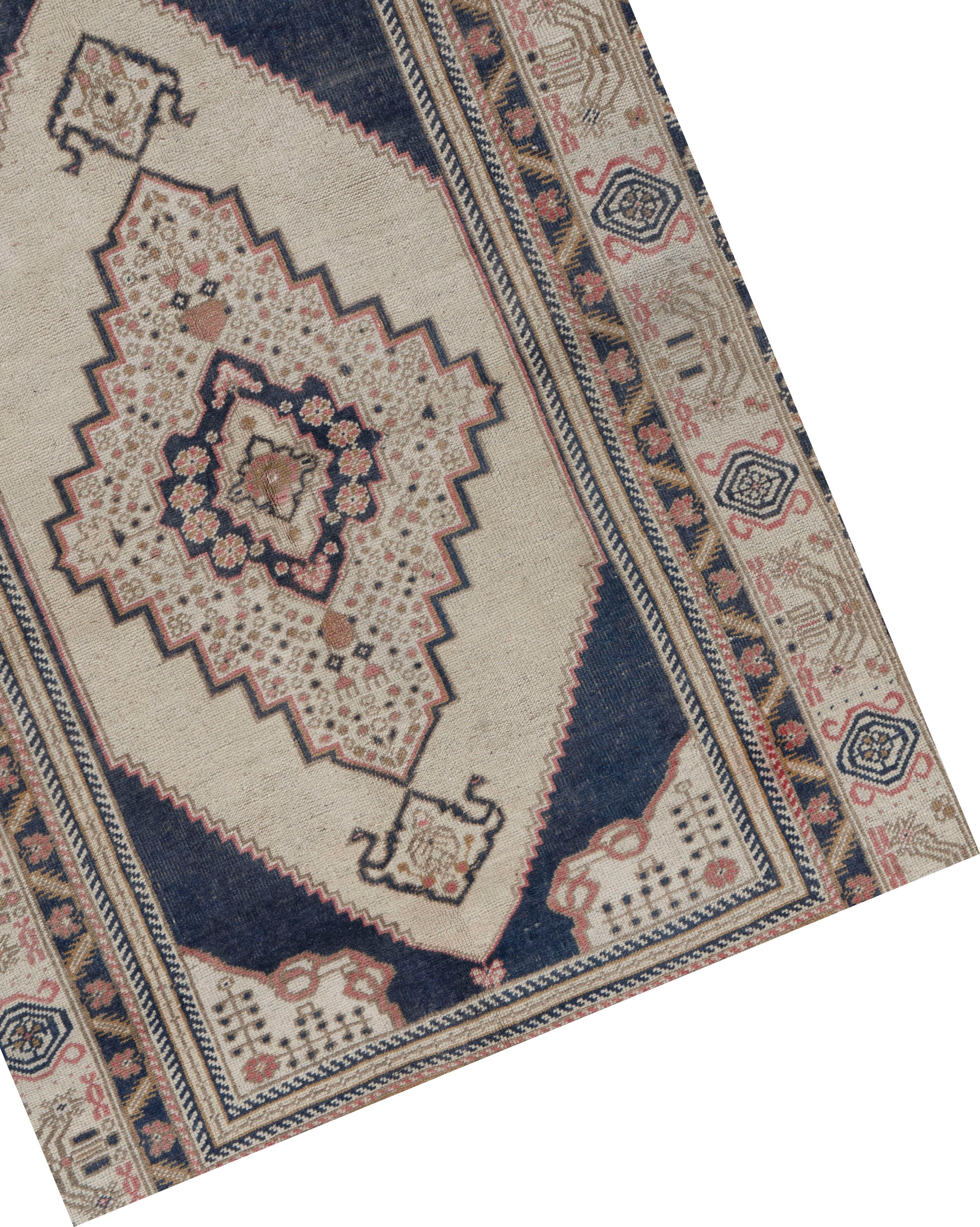 Hand-Woven Vintage Ivory Blue Turkish Oushak Area Rug For Sale